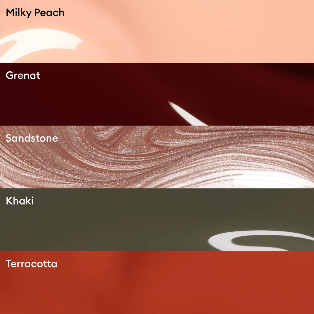 Five horizontal color swatches labeled: Milky Peach (peach), Grenat (deep red), Sandstone (swirled beige), Khaki (olive green), and Terracotta (rusty orange). The Curated Color Collections by Manucurist feature these expertly selected palettes, perfect for manicures inspired by the latest nail trends.