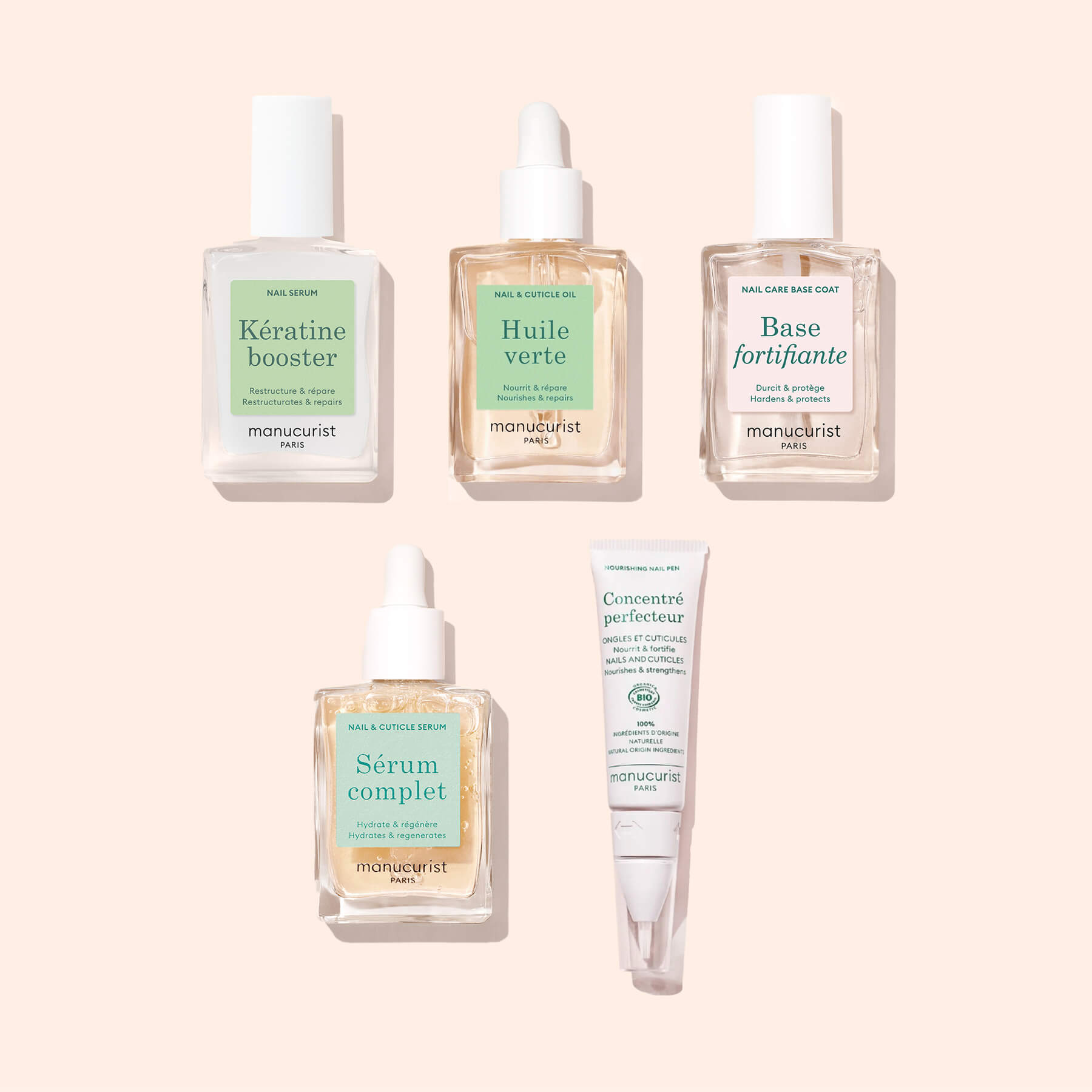 Five Manucurist Starter Routine - Soft Nails products are arranged on a light pink background, including bottles of Keratin Booster, Nail Hardener, Base Fortifiante, Sérum Complet, and a nail repair tube.