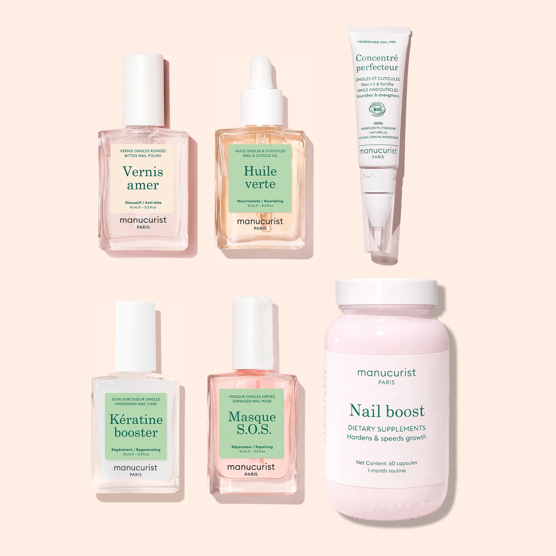 Six manicure essentials from Manucurist’s Ultimate Routine - Bitten Nails set—including nail polish, nourishing oils, a nail-strengthening serum, and a jar of supplements—are arranged neatly on a beige background. Featuring bilingual French and English labels in green and pink tones, this collection is perfect for encouraging healthy nail regrowth or caring for bitten nails.