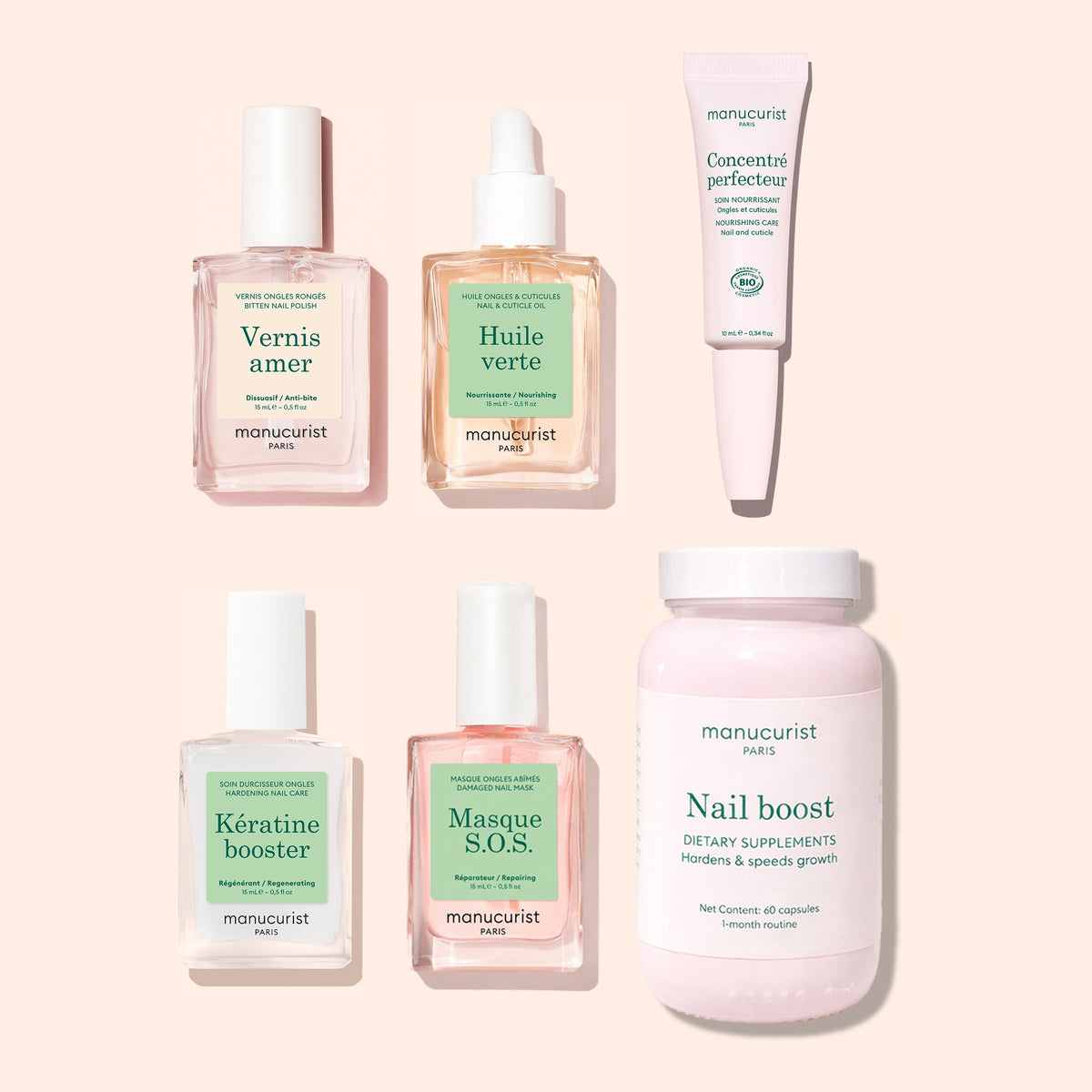 Six essentiels de manucure de l’ensemble Ultimate Routine - Bitten Nails de Manucurist — dont du vernis à ongles, des huiles nourrissantes, un sérum fortifiant pour les ongles et un pot de compléments alimentaires — sont soigneusement disposés sur un fond beige. Avec des étiquettes bilingues en français et en anglais dans des tons verts et roses, cette collection est idéale pour favoriser une repousse saine des ongles ou prendre soin des ongles rongés.