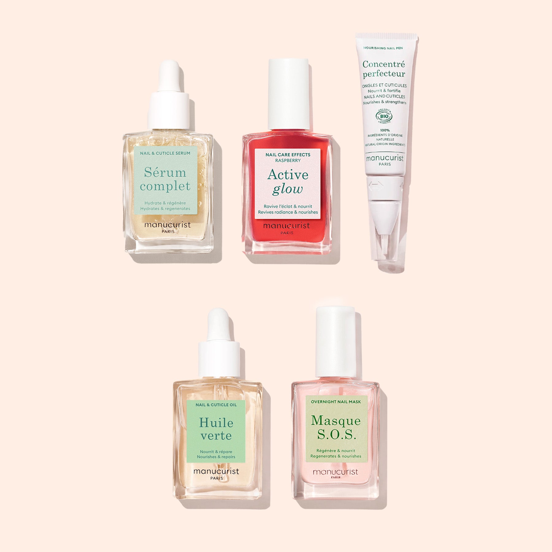 The Starter Routine - Sensitive Nails set features five manicure products—two dropper bottles, a tube, and two square bottles—on a beige background. Labels include Sérum complet and Active glow, all designed to nourish and rescue sensitive nails.
