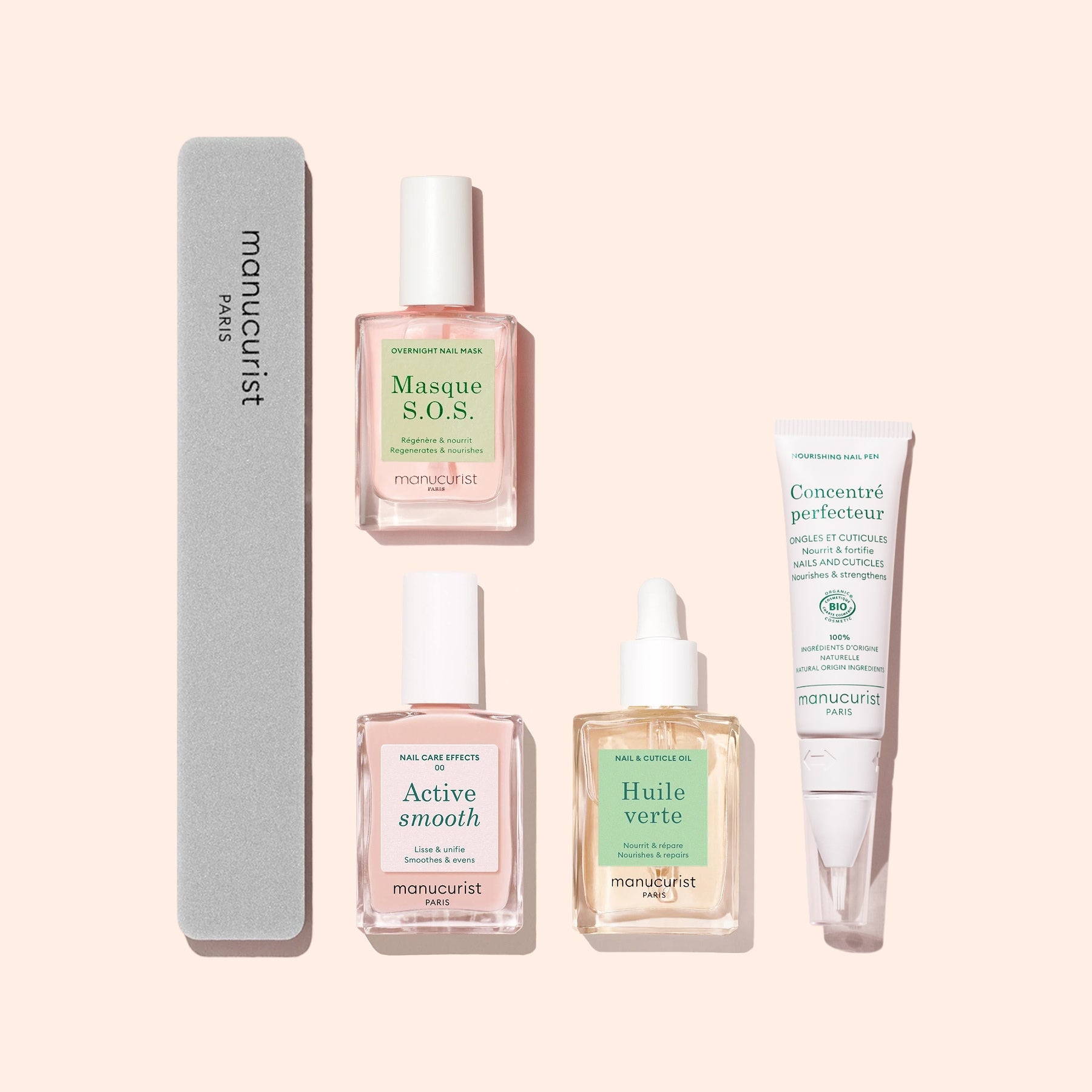 The Ultimate Routine - Ridged Nails by Manucurist features a nail file, two treatment bottles, nourishing cuticle oil with dropper, and hand cuticle cream, all displayed on a light pink background.