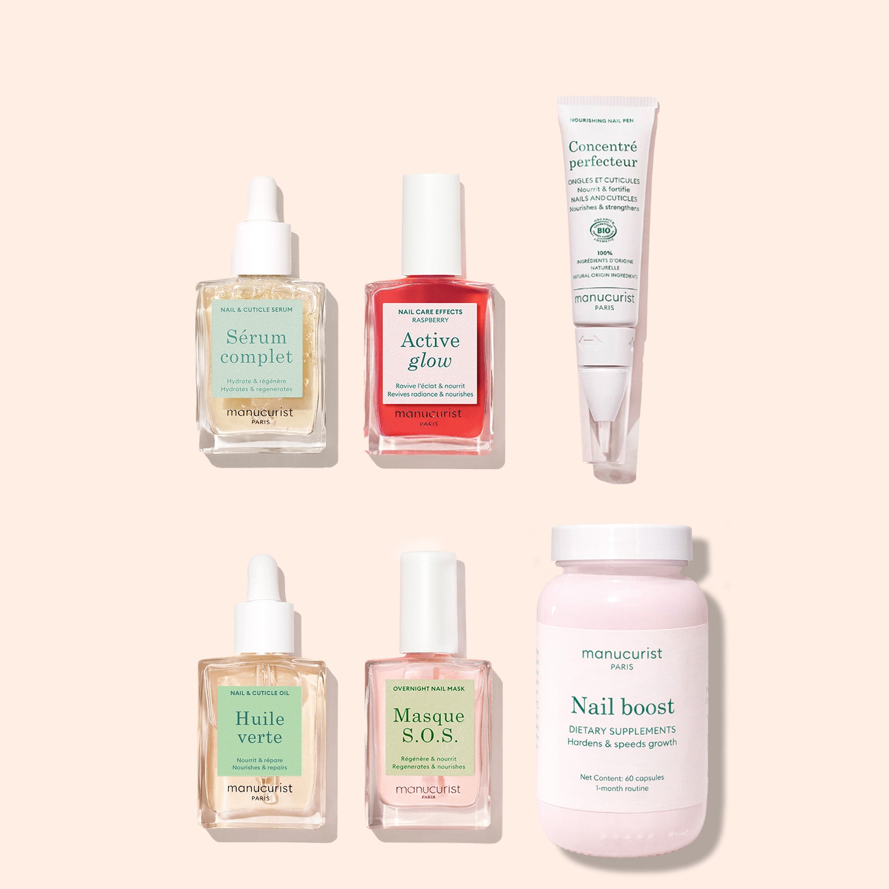 Six Manucurist Ultimate Routine - Sensitive Nails products—four dropper bottles, one tube, and one supplement jar—are neatly displayed on a light beige background with each label clearly visible.