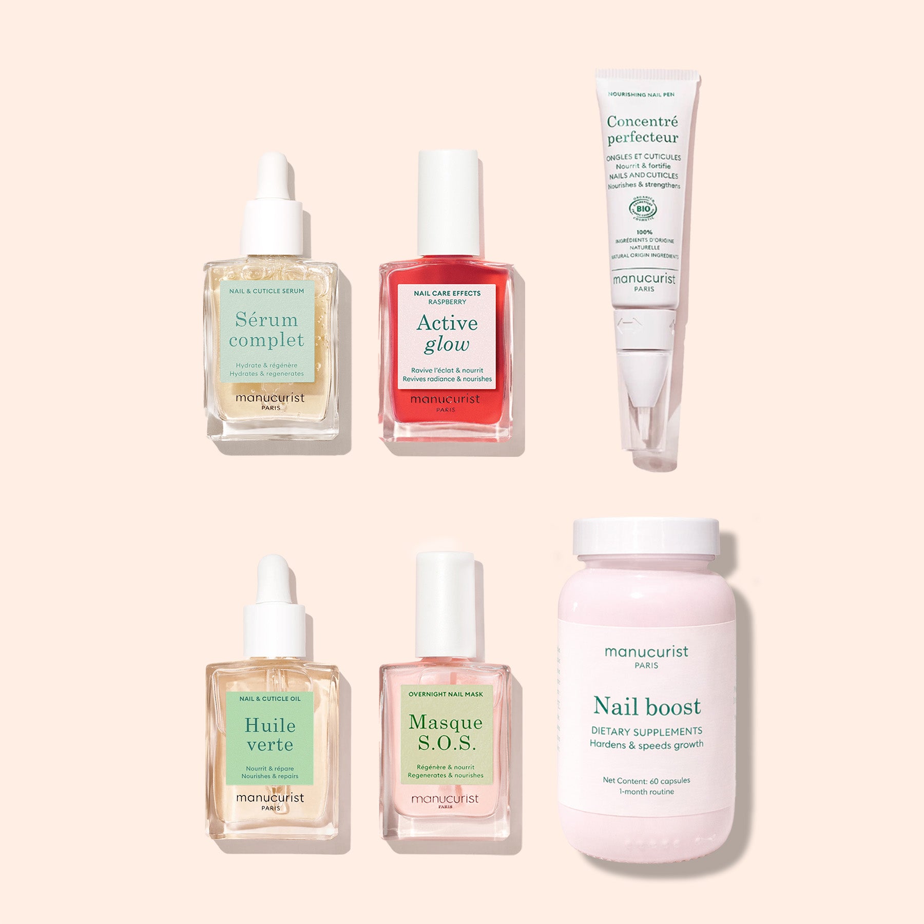 Six Manucurist Ultimate Routine - Sensitive Nails products—four dropper bottles, one tube, and one supplement jar—are neatly displayed on a light beige background with each label clearly visible.