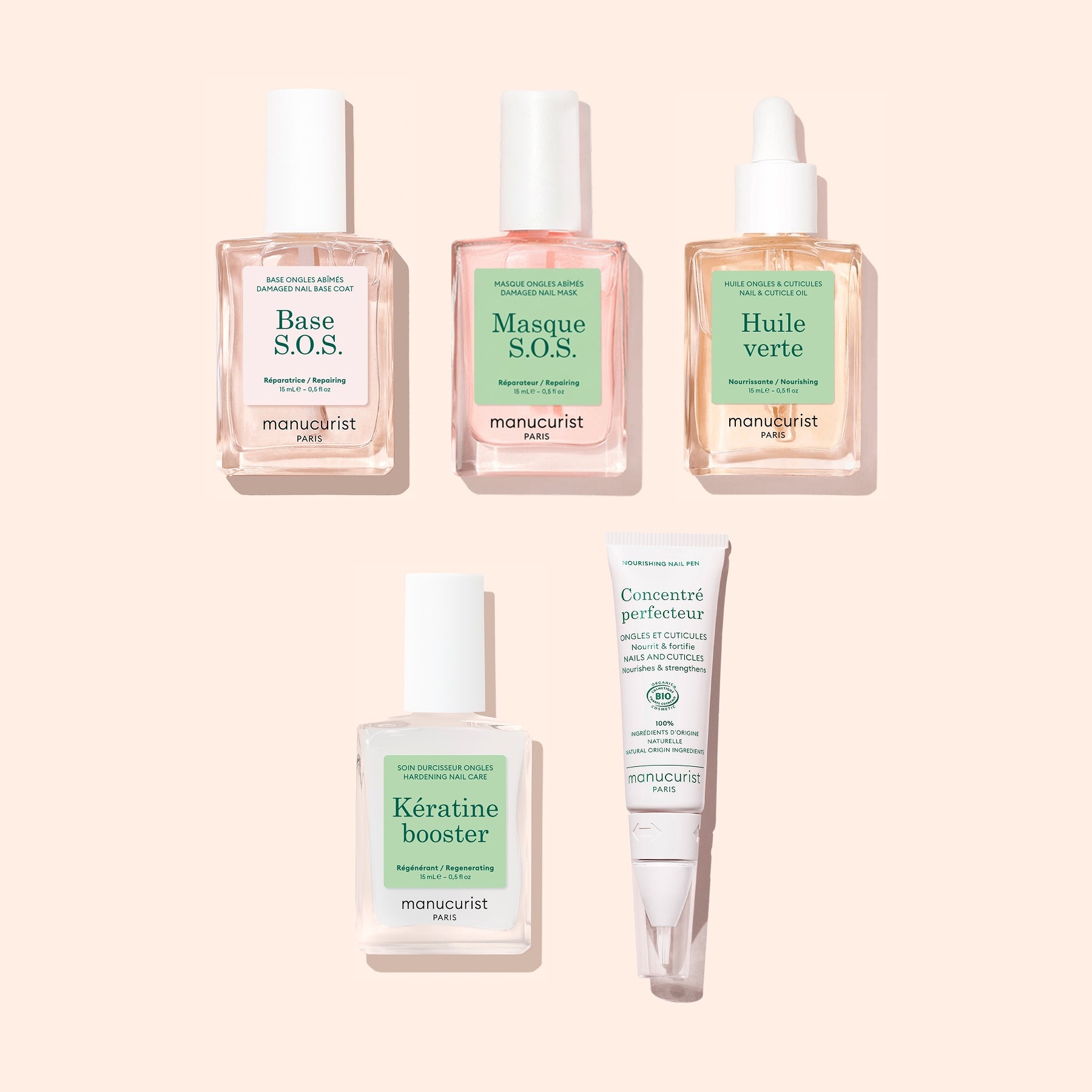 Five products from the Manucurist Starter Routine - Damaged Nails set—including clear and pink bottles with dropper tops for cuticle oil and keratin booster, a white pump bottle, and a white tube designed for nail repair—are arranged neatly on a beige background. Each product features a soft green and white label.