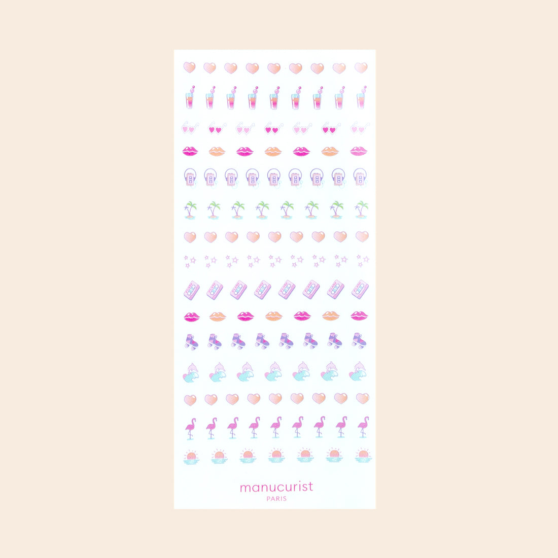 Stick on vibrant designs like sunglasses, lips, flamingos, pineapples, palm trees, shells, and cocktails with Stickers Nail Art Pink Addict by Manucurist-test—perfect with your favorite gel polish. "manucurist PARIS" appears at the bottom.