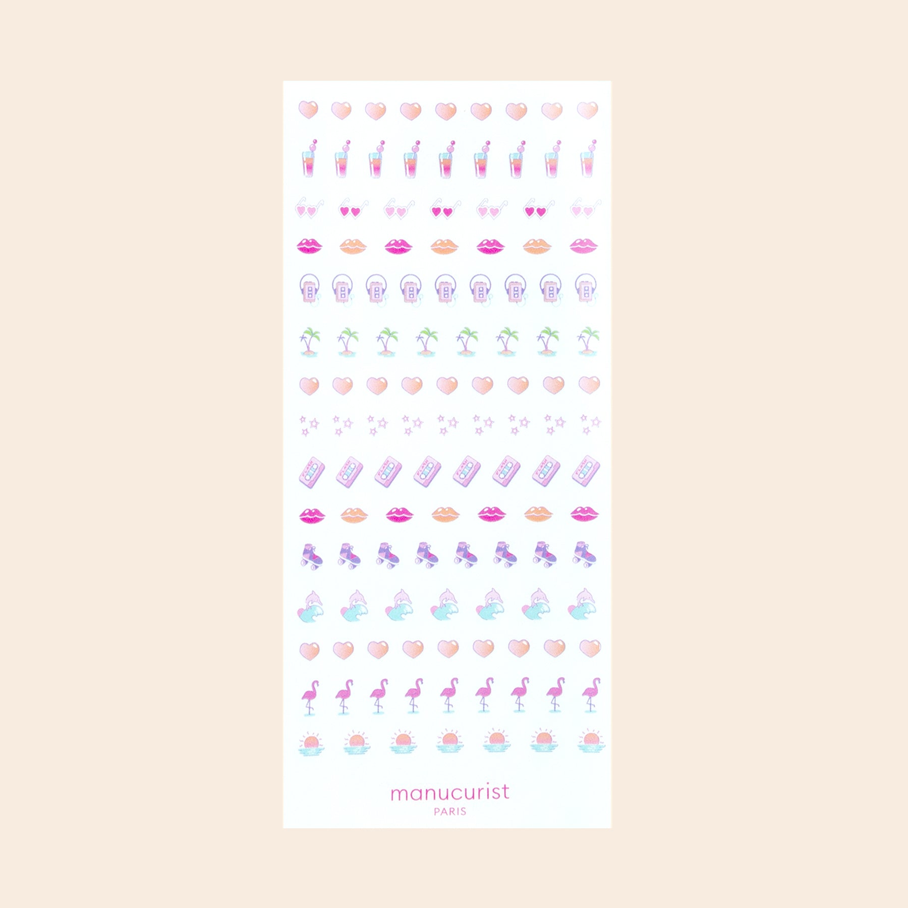 Stick on vibrant designs like sunglasses, lips, flamingos, pineapples, palm trees, shells, and cocktails with Stickers Nail Art Pink Addict by Manucurist-test—perfect with your favorite gel polish. "manucurist PARIS" appears at the bottom.