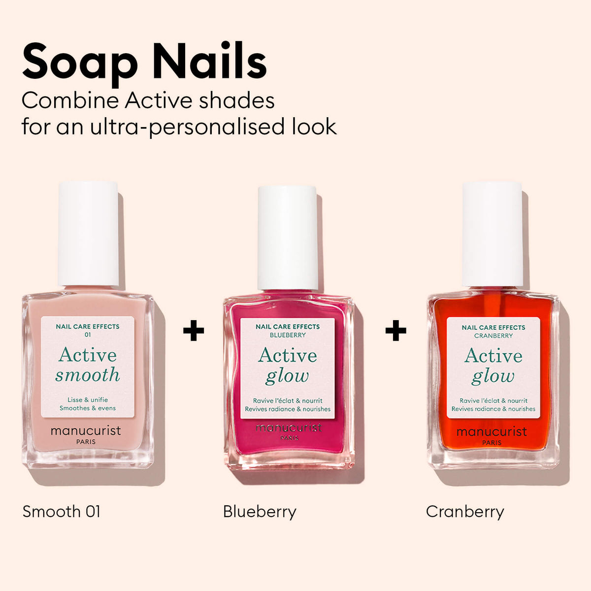 Trois flacons de vernis à ongles Manucurist, étiquetés Active Smooth, Active Glow Blueberry et Active™ Glow Cranberry, sont présentés côte à côte avec des signes plus entre eux sous le titre Soap Nails. Ces essentiels pour ongles d&