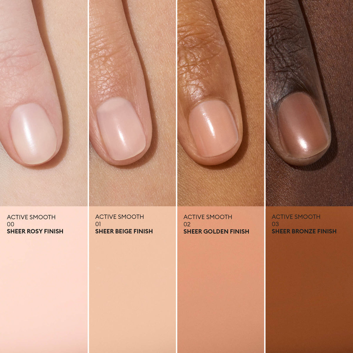 Quatre doigts, chacun avec une carnation différente et un vernis à ongles nude assorti, sont présentés au-dessus de nuances étiquetées : finis rose translucide, beige translucide, doré translucide et bronze translucide. Idéales pour sublimer votre routine de soin des ongles, ces teintes polyvalentes d&