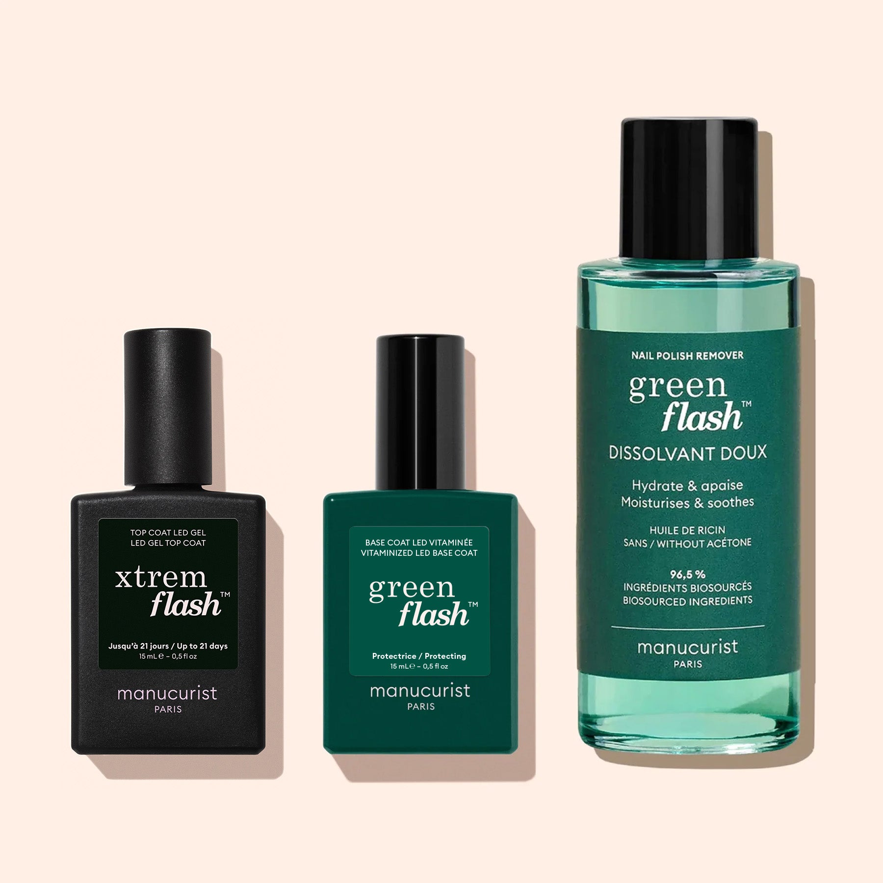 Three manicure essentials: Manucurist Xtrem Flash™ Gel Top Coat for flawless wear, a dark green Green Flash LED polish base coat, and a clear aqua Green Flash remover for express removal.