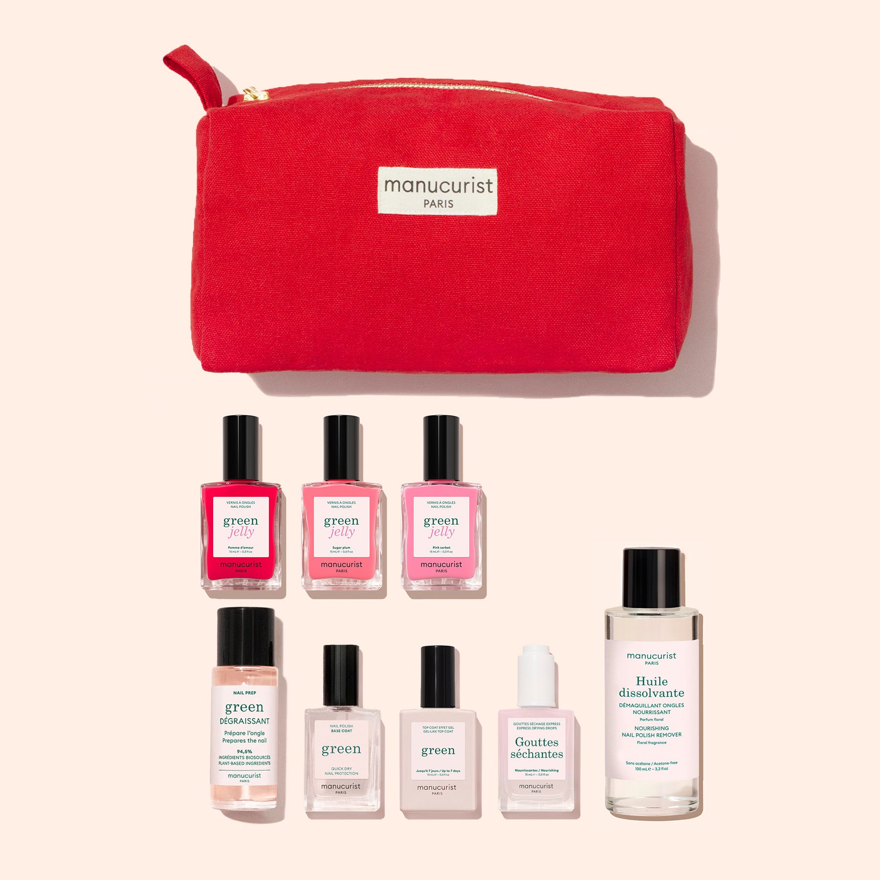 The Manucurist Super Starter Kit - Jelly Nail Polish features a red pouch filled with eight nail care essentials, including gel effect nail polishes in assorted pink shades, a clear polish, base coat, remover, and two mini treatment bottles made with plant-based ingredients—all attractively arranged on a light background.
