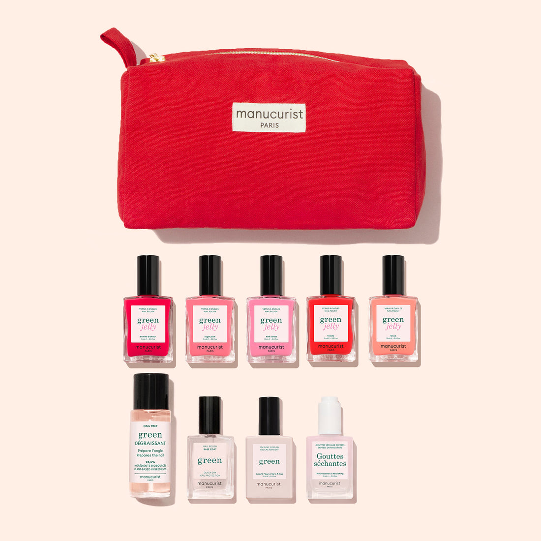 A red manicure pouch with a Manucurist label is displayed above ten bottles from the Super Starter Kit - Jelly Nail Polish by Manucurist, featuring plant-based nail polish shades and treatments, all arranged neatly on a light background.