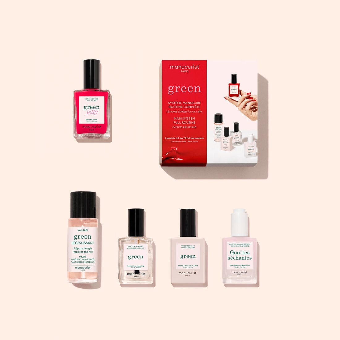 The Manucurist Discovery Kit - Jelly Nail Polish features five plant-based nail care essentials—jelly polish, base coat, remover, top coat, and drying drops—in a stylish red and white box for the perfect green manicure.