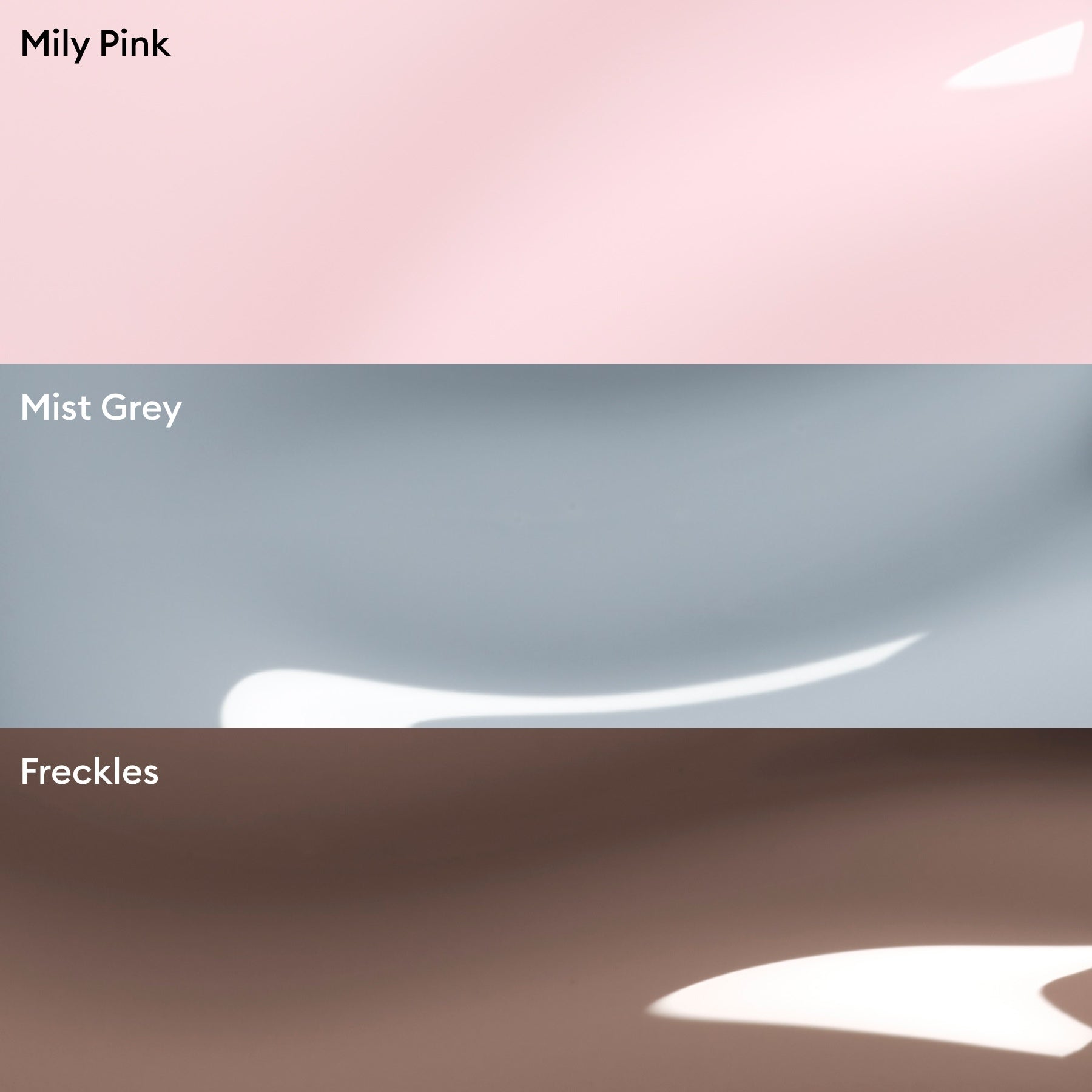 Three horizontal swatches labeled Milky Pink, Mist Grey, and Freckles display Curated Trios nail colors by Manucurist—featuring subtle reflective highlights for on-trend manicures and Green Flash color inspiration.