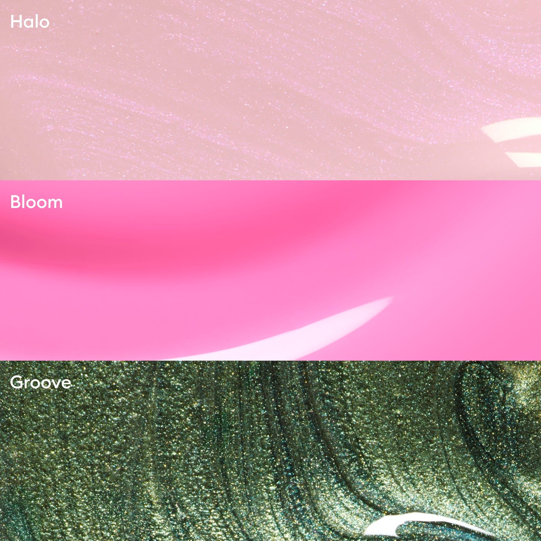 Manucurist’s Curated Trios features three horizontal bands in abstract, shimmery, and swirled textures: Halo (light pink), Bloom (bright pink), and Groove (dark green)—ideal for creative manicure inspiration.