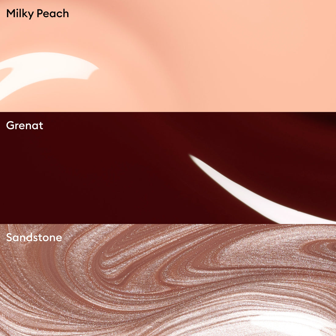 Three horizontal bands display colors from Manucurist’s Curated Trios: light peach labeled Milky Peach, deep red labeled Grenat, and shimmery beige-brown labeled Sandstone—each with glossy or marbled finishes, ideal for manicures inspired by the latest nail trends and expertly curated color palettes.