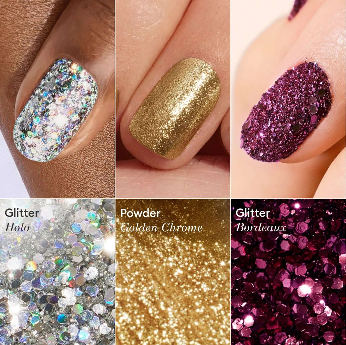 Un collage présente des ongles avec les Trios de paillettes et poudres à effets Manucurist : des paillettes argent holographiques, un chrome or métallisé et un bordeaux pailleté, chacun étiqueté avec son nom et sa texture pour des looks gel époustouflants.