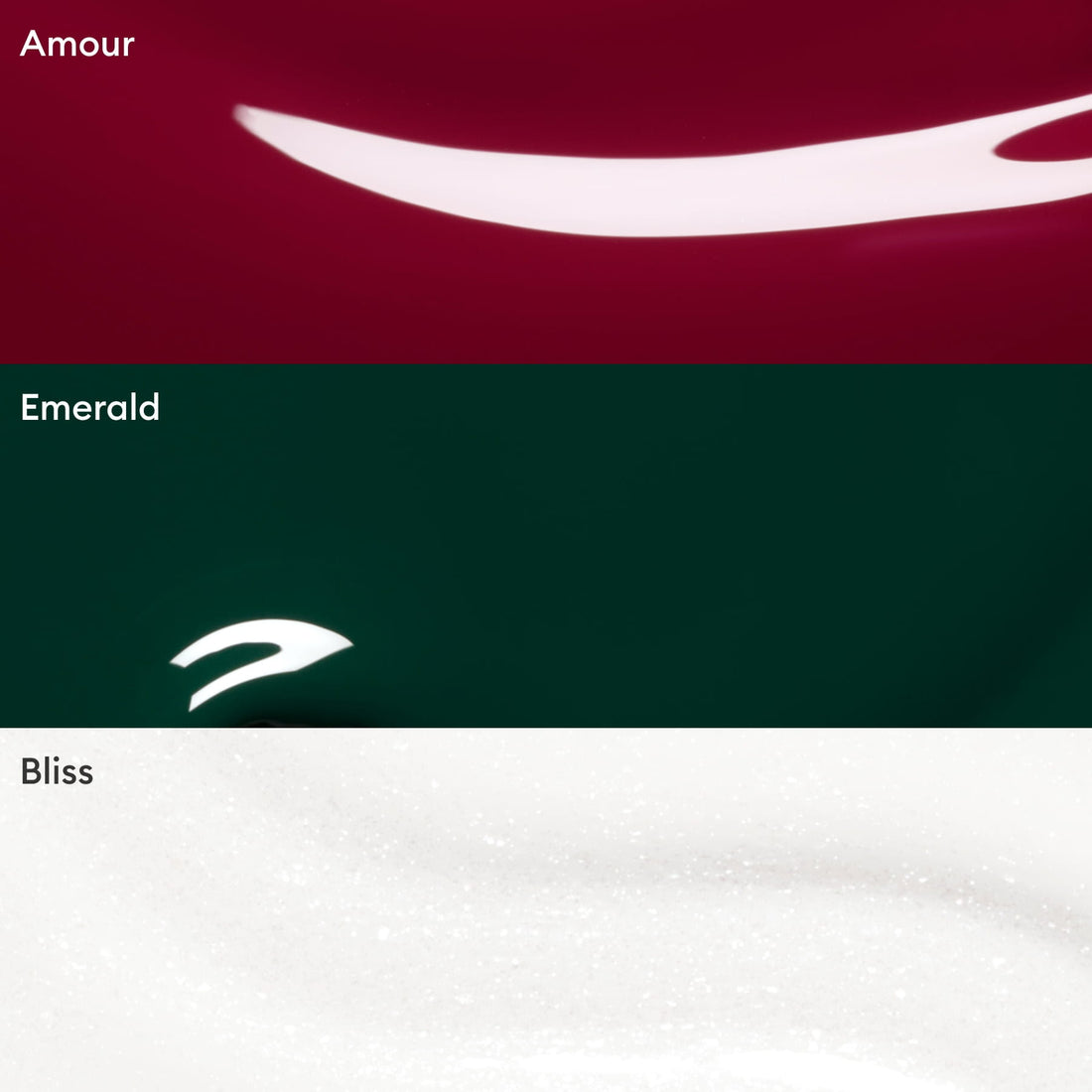 Three horizontal sections display close-ups of Manucurist Green Flash gel polishes from the Customizable Trio: a deep red shade labeled Amour, a dark green labeled Emerald, and a shimmery white labeled Bliss. Each section showcases a streak of glossy Green Flash gel polish, highlighting vibrant color payoff and shine—all easily removed with your favorite nail polish remover.