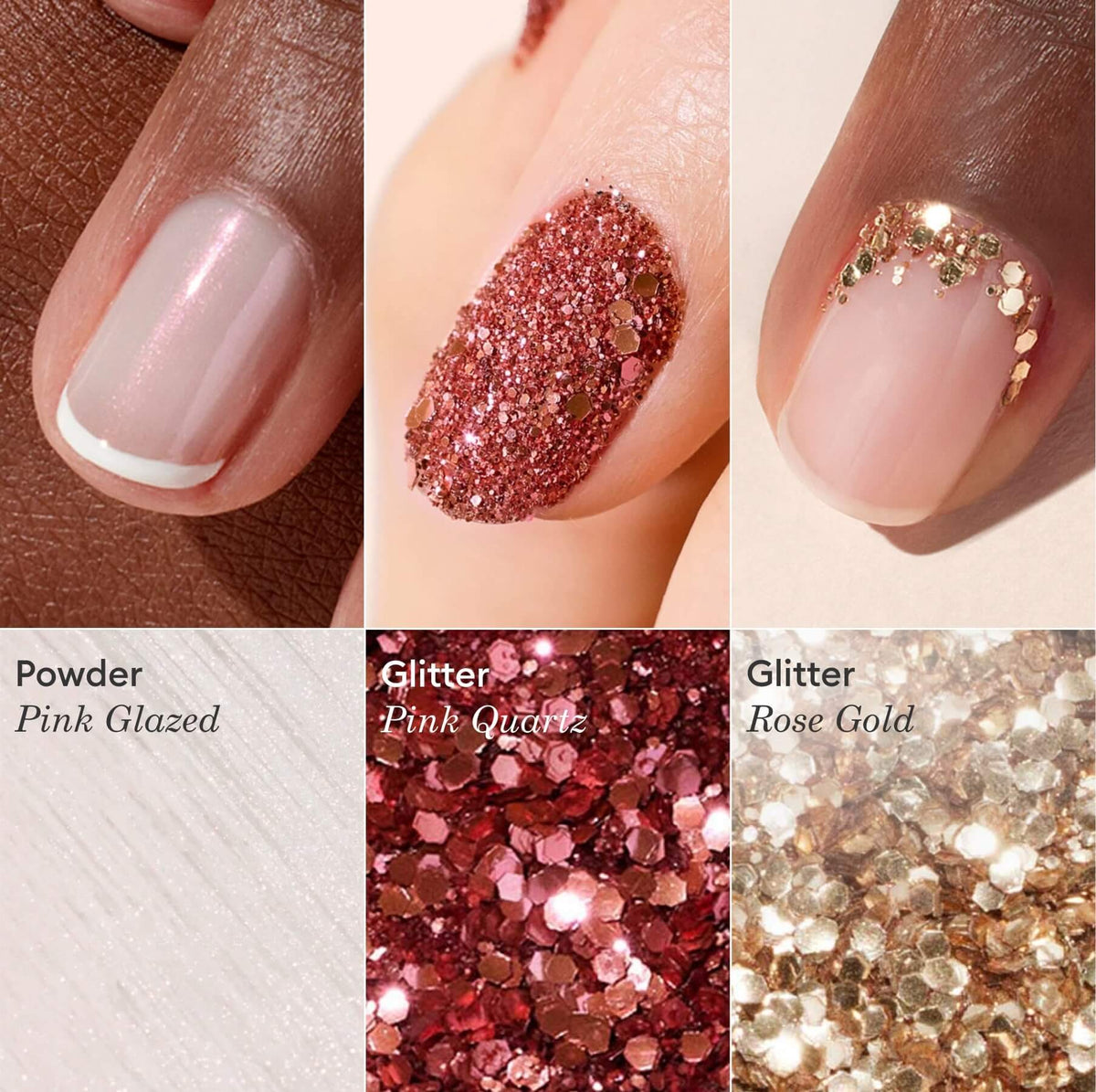 Gros plan de trois ongles utilisant les trios Paillettes et Poudres d&