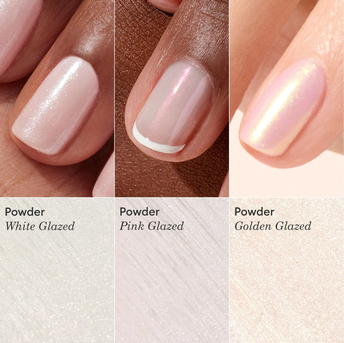 Gros plan sur trois mains manucurées présentant les Trios de Glitters et Effect Powders Manucurist : blanc effet glazed, rose effet glazed avec bout blanc et doré effet glazed. Des échantillons de poudres assorties apparaissent sous chaque ongle.