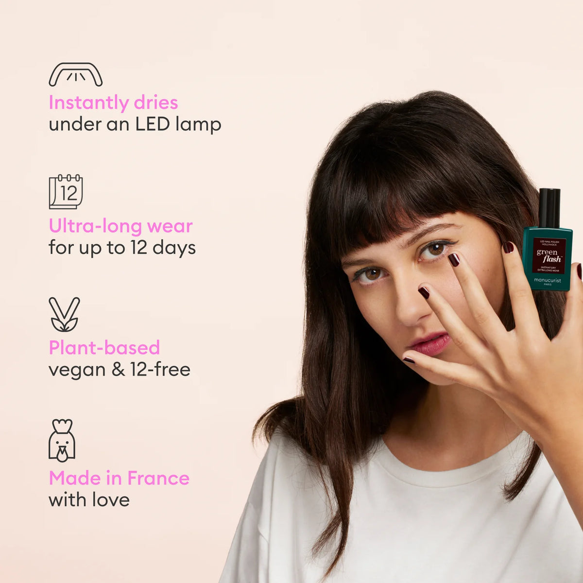 A dark-haired woman displays her painted nails and holds a Manucurist Customizable Trio bottle. Nearby, icons highlight features: instantly dries under LED lamp, lasts 12 days, plant-based formula, made in France.