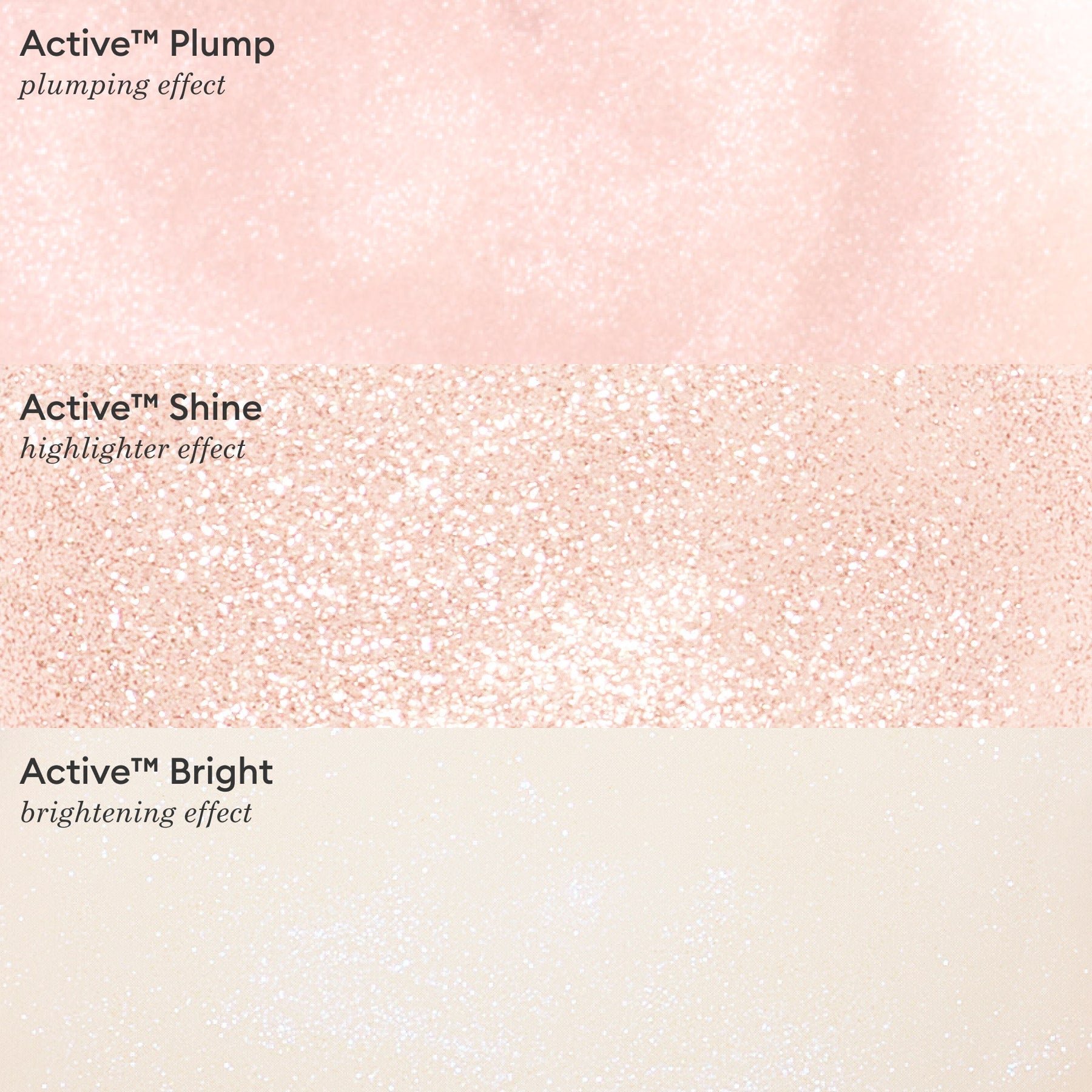 Three swatches of shimmery powders from Manucurist labeled: Active™ Plump (plumping effect, light pink), Active™ Shine (highlighter effect, rose gold), and Active™ Bright (brightening effect, pale cream)—the perfect complement to your nail care routine. Pair these radiant shades with your favorite Manucurist plant-based nail polish or nail strengthener for a naturally vibrant look.