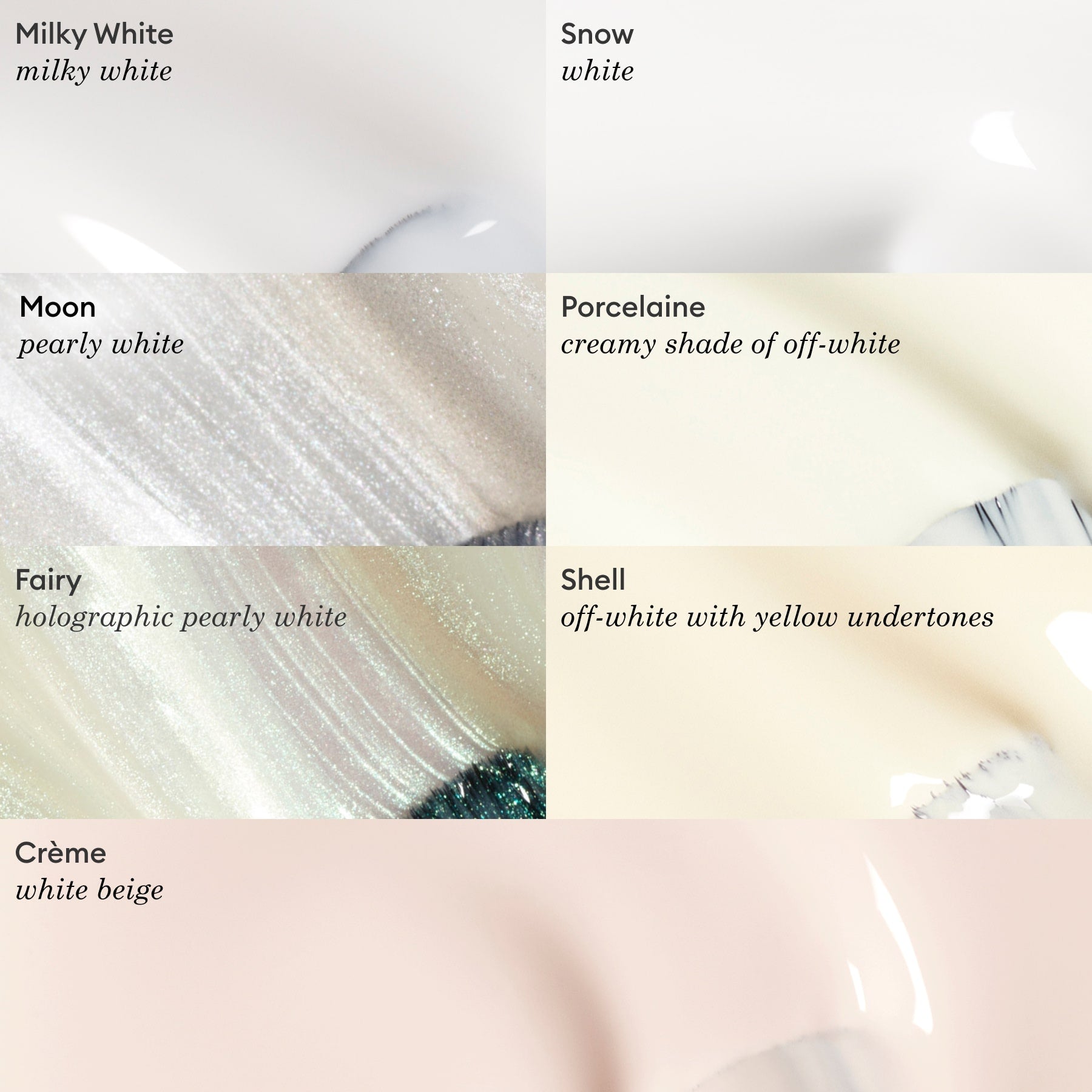 Swatches of seven white Manucurist nail polishes: Snow (pure white), Milky White, Moon (pearly), Porcelaine (creamy off-white), Fairy (holographic pearly), Shell (off-white yellow tint), and Crème (white beige).