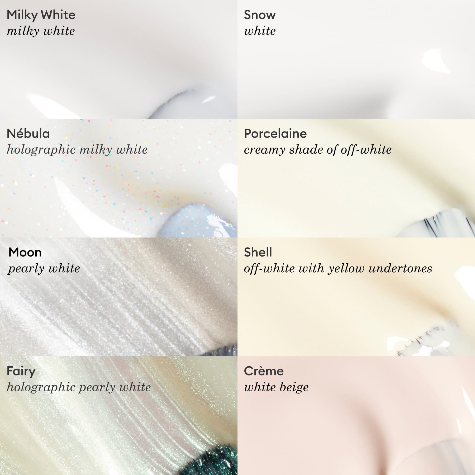 Swatches of seven white Manucurist nail polishes: Snow (pure white), Milky White, Moon (pearly), Porcelaine (creamy off-white), Fairy (holographic pearly), Shell (off-white yellow tint), and Crème (white beige).