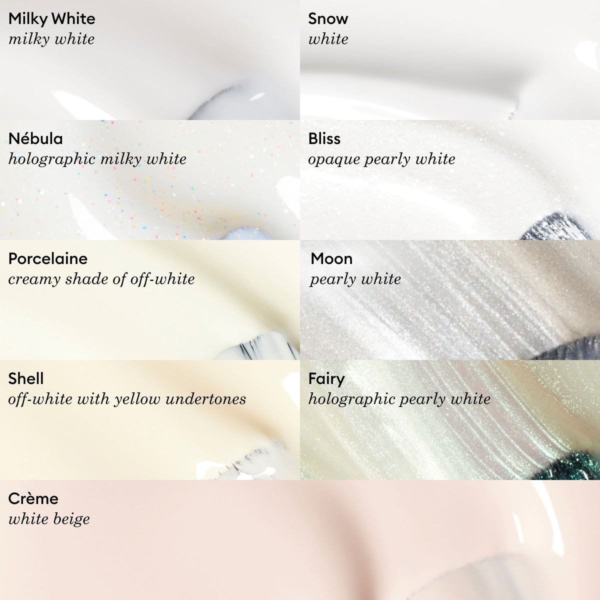 Swatches of seven white Manucurist nail polishes: Snow (pure white), Milky White, Moon (pearly), Porcelaine (creamy off-white), Fairy (holographic pearly), Shell (off-white yellow tint), and Crème (white beige).