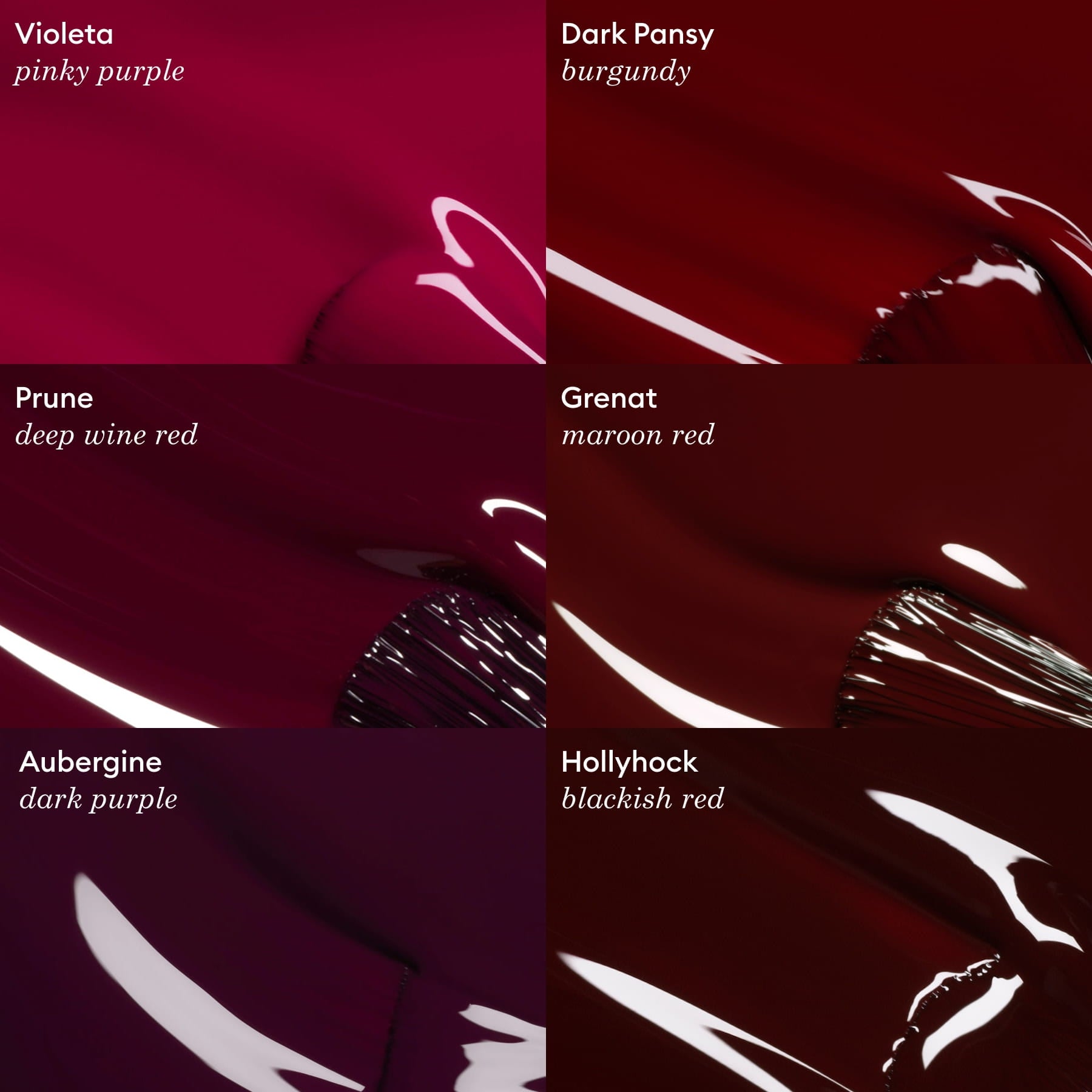 Five glossy paint swatches—Violeta, Manucurist Dark Pansy (burgundy), Prune, Hollyhock, and Aubergine—are shown on a dark background, highlighting luxe velvet reds from the Green™ range.