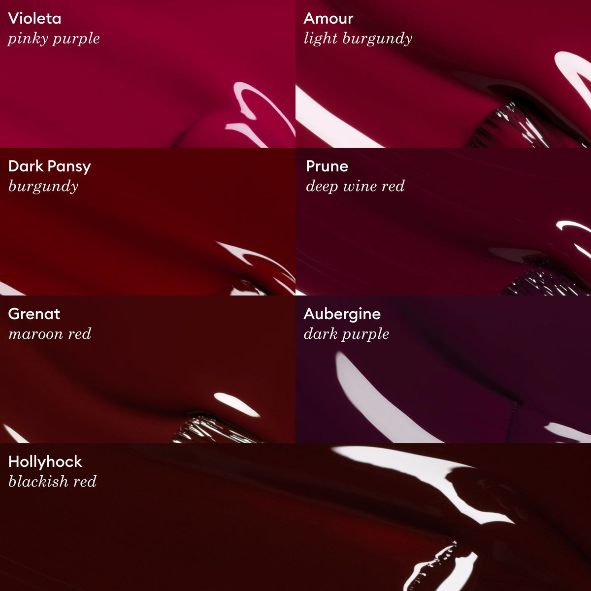Five glossy paint swatches—Violeta, Manucurist Dark Pansy (burgundy), Prune, Hollyhock, and Aubergine—are shown on a dark background, highlighting luxe velvet reds from the Green™ range.