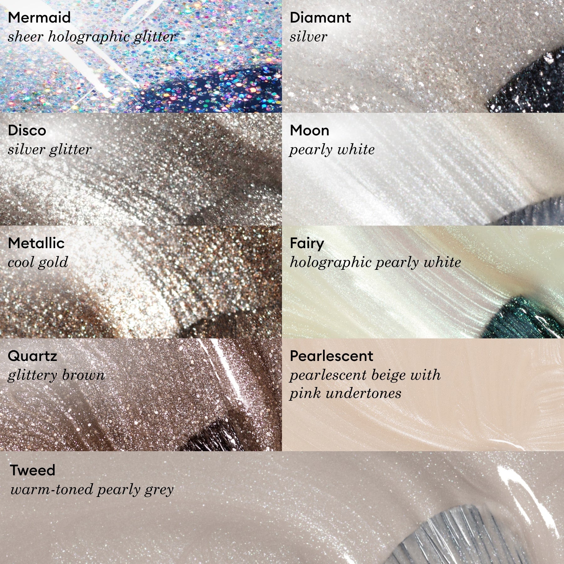 Close-up swatches of Manucurist’s Metallic nail polish shades, including cool-toned gold Metallic and glittery Green Flash Disco—each labeled and featuring luminous metallic highlights for a dazzling finish.