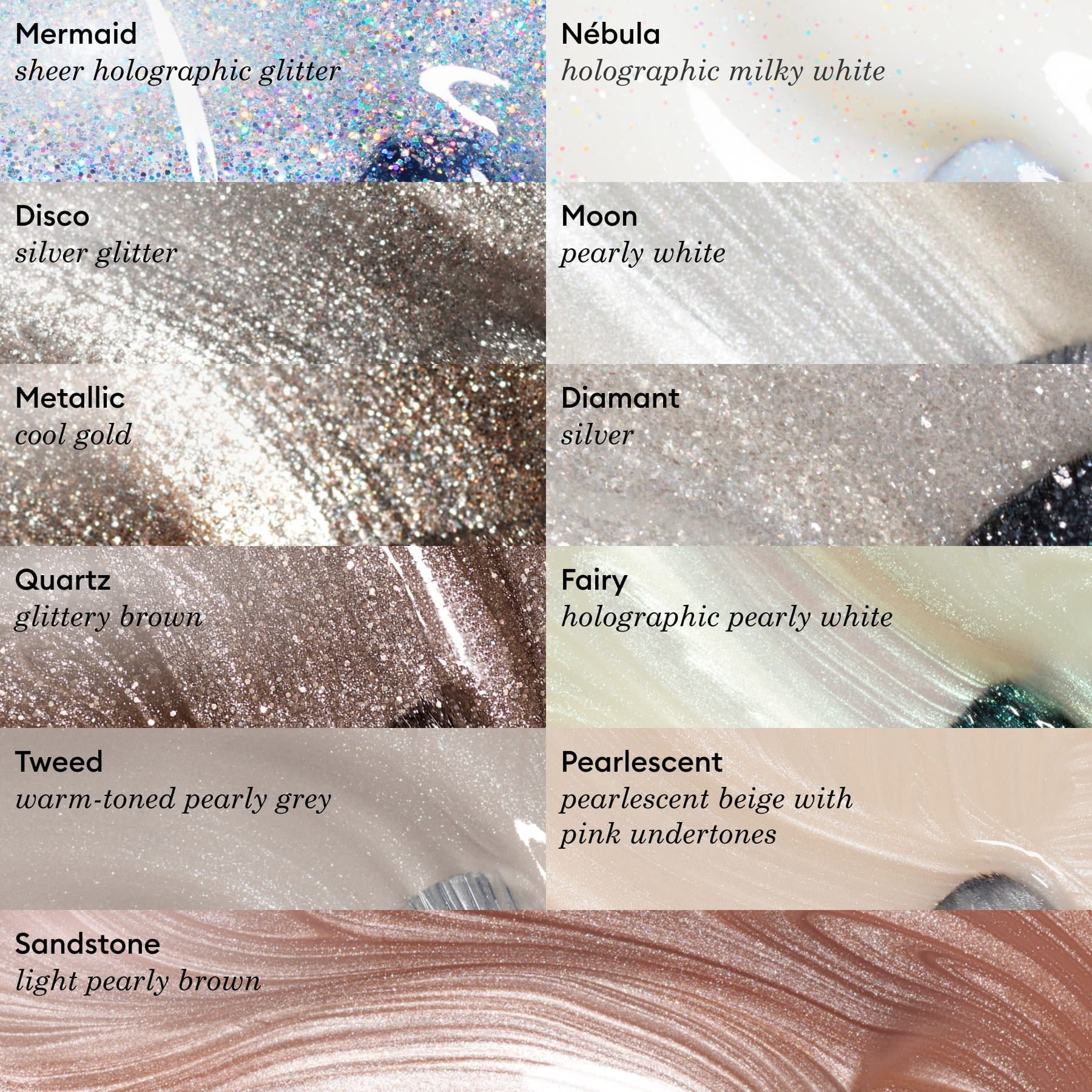 Close-up swatches of Manucurist’s Metallic nail polish shades, including cool-toned gold Metallic and glittery Green Flash Disco—each labeled and featuring luminous metallic highlights for a dazzling finish.