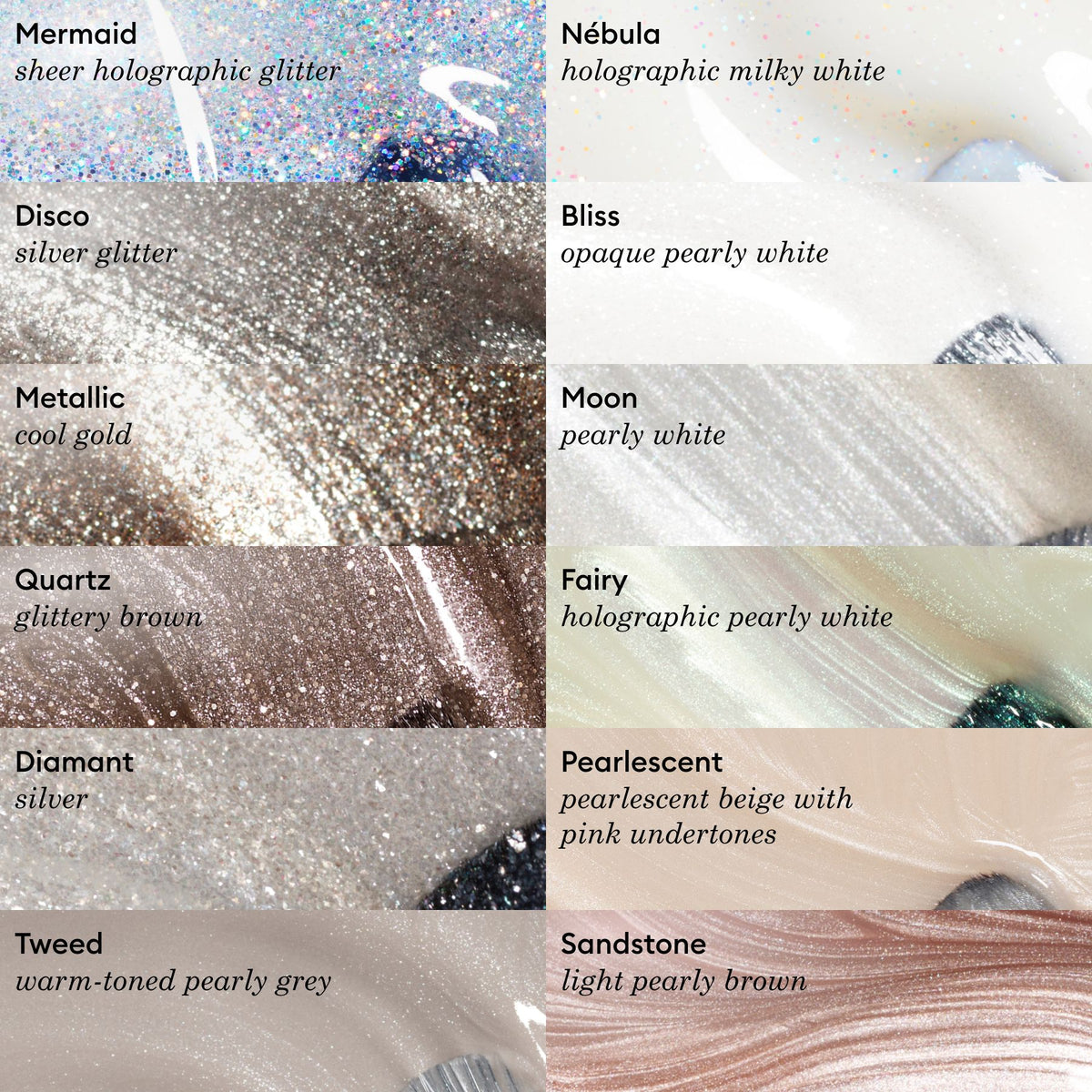 Close-up swatches of Manucurist’s Metallic nail polish shades, including cool-toned gold Metallic and glittery Green Flash Disco—each labeled and featuring luminous metallic highlights for a dazzling finish.