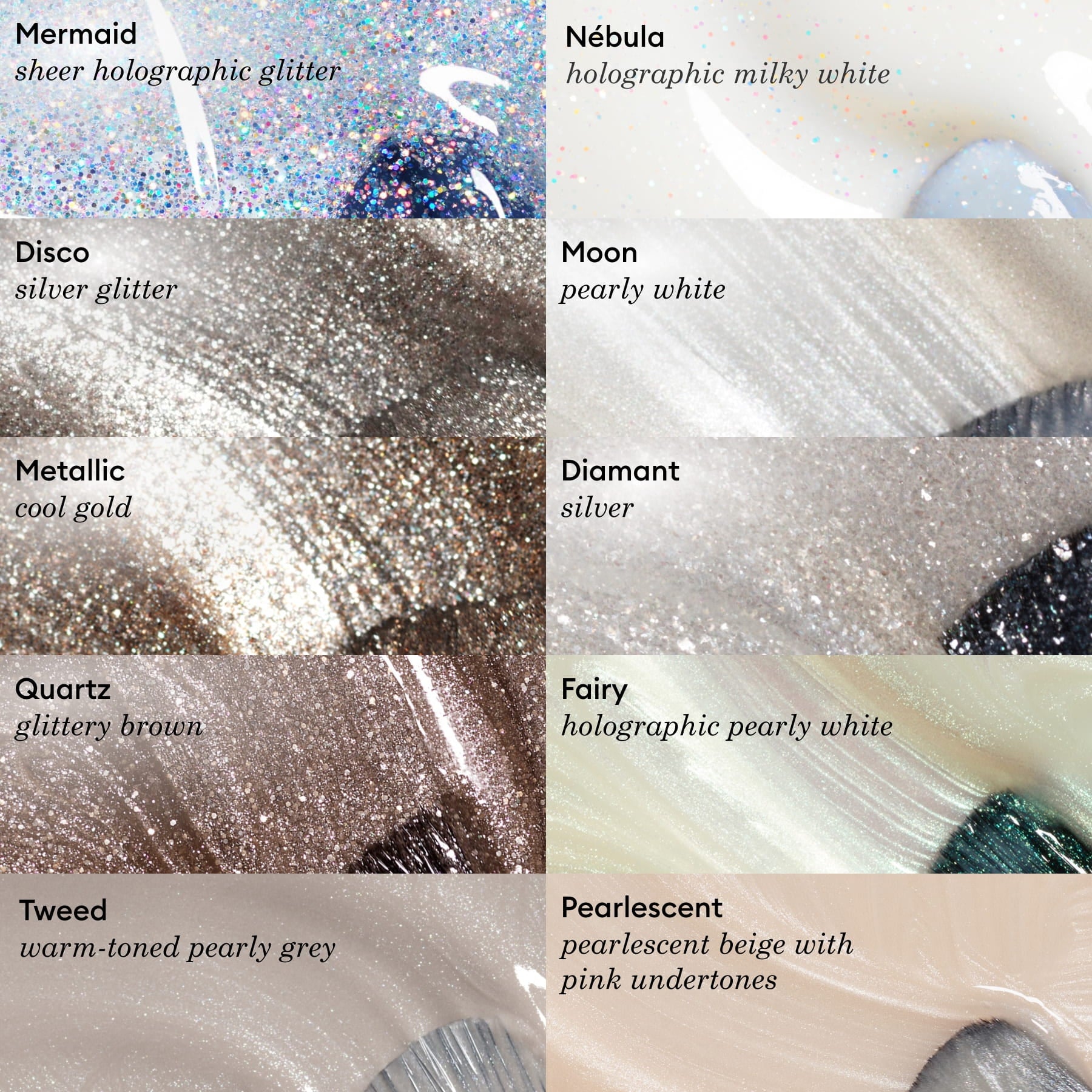 Close-up swatches of Manucurist’s Metallic nail polish shades, including cool-toned gold Metallic and glittery Green Flash Disco—each labeled and featuring luminous metallic highlights for a dazzling finish.