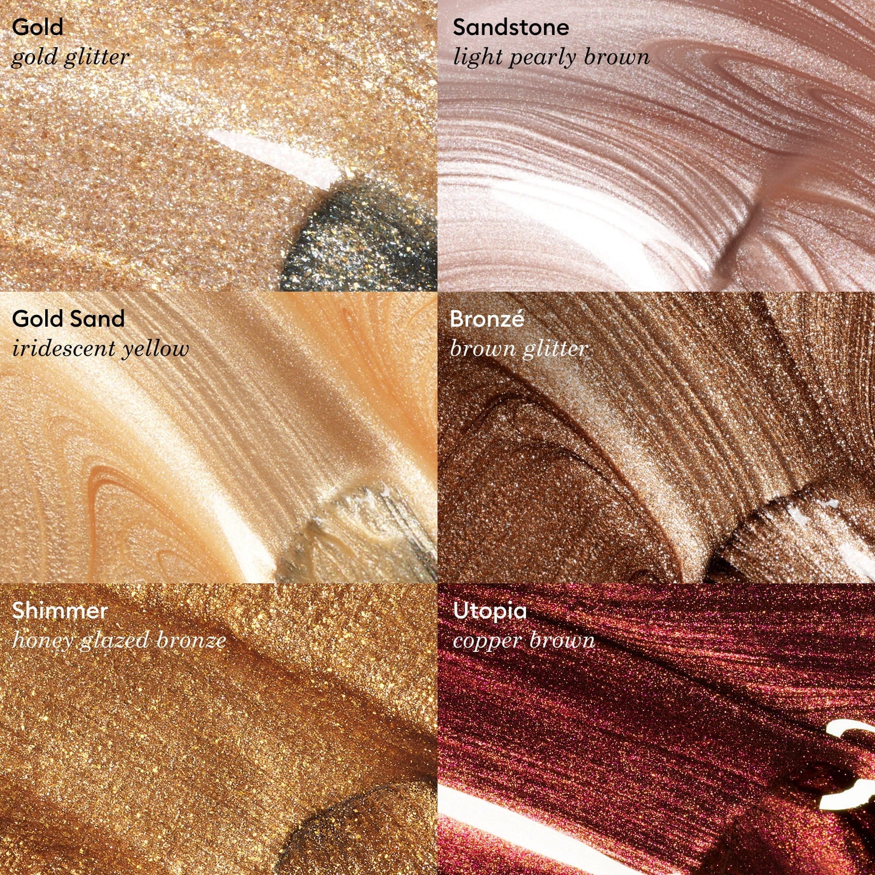 Six close-up swatches of shimmery Manucurist Sandstone makeup shades labeled Gold, Sandstone, Gold Sand, Bronze, Shimmer, and Utopia display gold, bronze, and brown glittery hues with various textures—reminiscent of a shimmering latte brown or pearly brown gel polish.