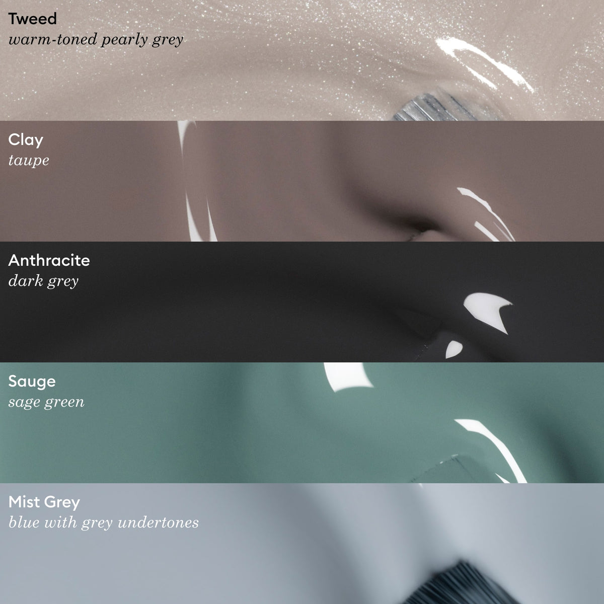Five Manucurist nail polish shades in horizontal bands: Tweed (warm pearly grey), Clay (timeless taupe), Anthracite (dark grey), Sauge (Green range sage green), and Mist Grey (blue-grey undertone).