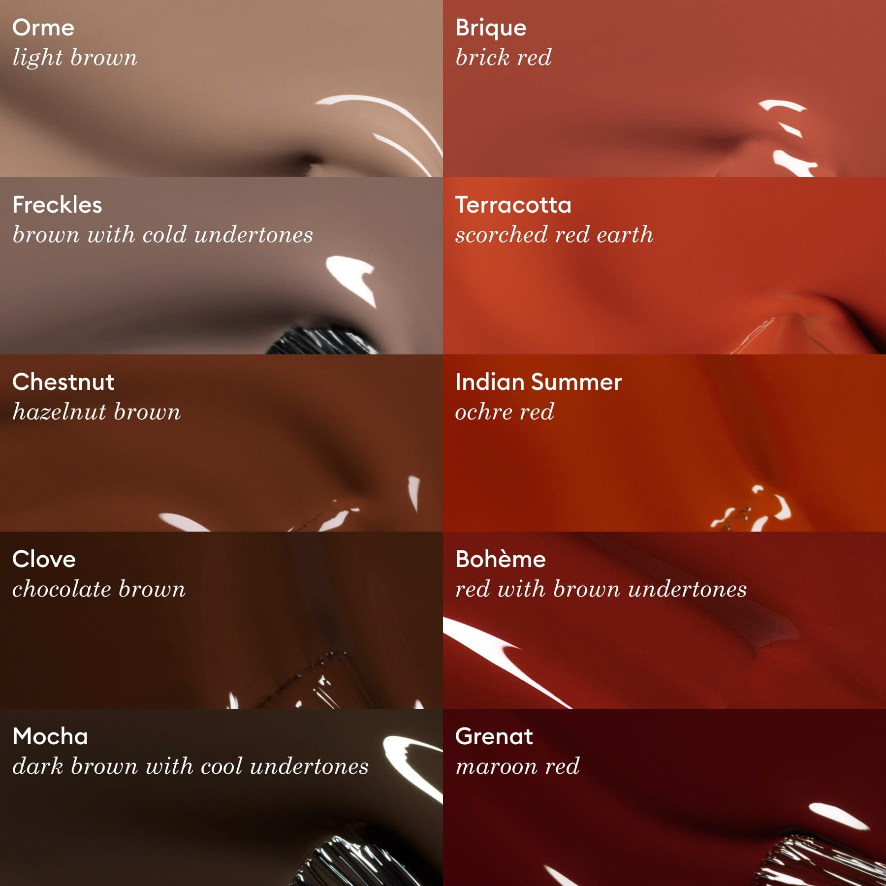 A grid of eight glossy Manucurist Green Flash gel polish swatches, featuring Clove—an indulgent chocolate brown—plus hues like Orme, Brique, Terracotta, and Mocha. Each shows rich color names and a sleek gel finish.