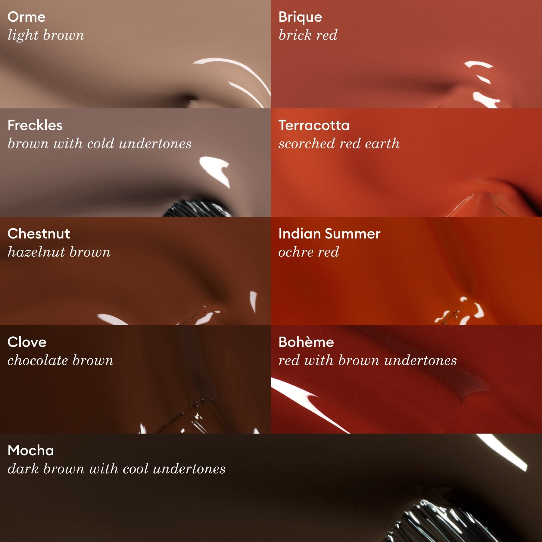 Eight swatches of paint in brown and earthy red tones—Orme, Brique, Freckles, Terracotta, Chestnut, Indian Summer, Clove, Bohème, and Mocha—evoke the richness of Manucurist’s Grenat maroon red gel polish. Each shade complements natural Green Flash gel polish hues for a grounded yet vibrant palette.