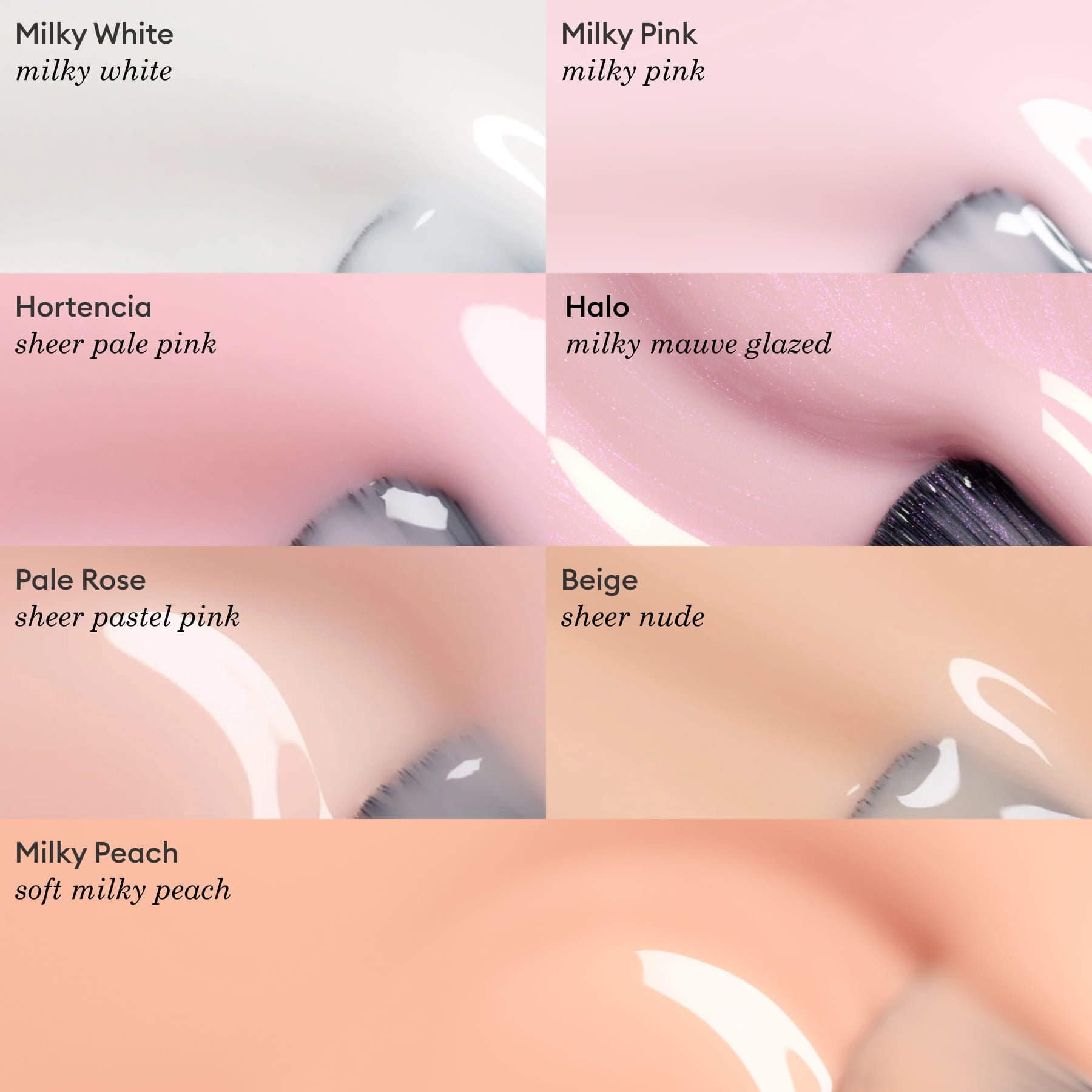 Five glossy sheer polish swatches—Milky White, Milky Pink, Hortencia, Pale Rose, and Beige by Manucurist. Each color’s natural nail polish label is displayed beside the swatch.