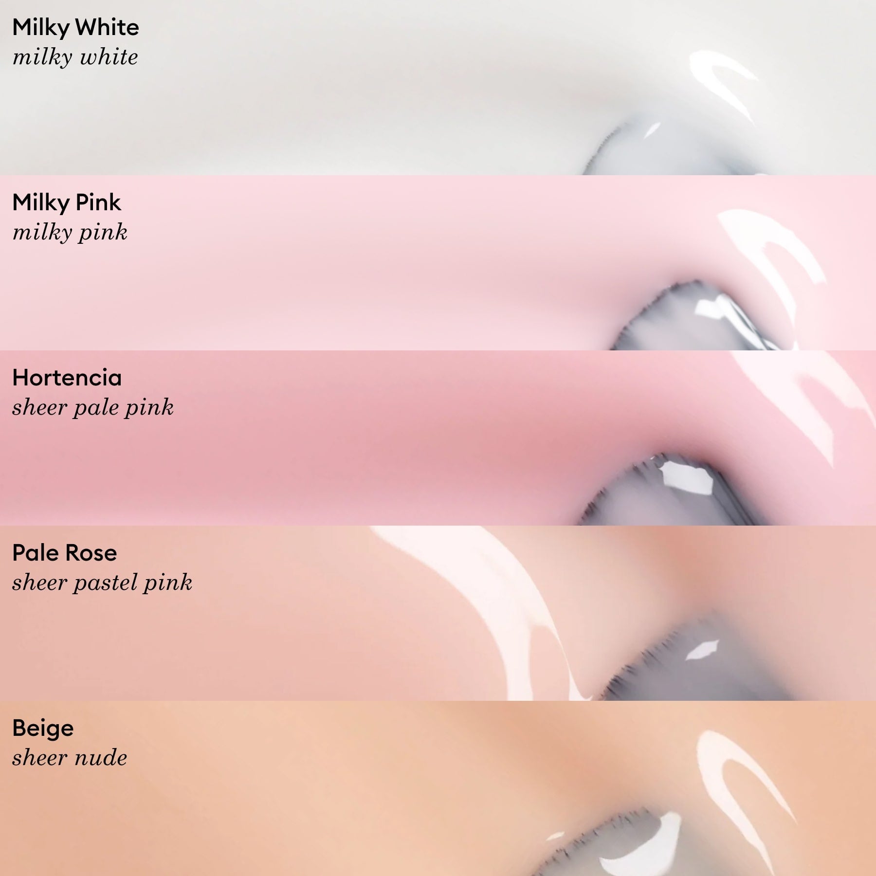 Five glossy sheer polish swatches—Milky White, Milky Pink, Hortencia, Pale Rose, and Beige by Manucurist. Each color’s natural nail polish label is displayed beside the swatch.