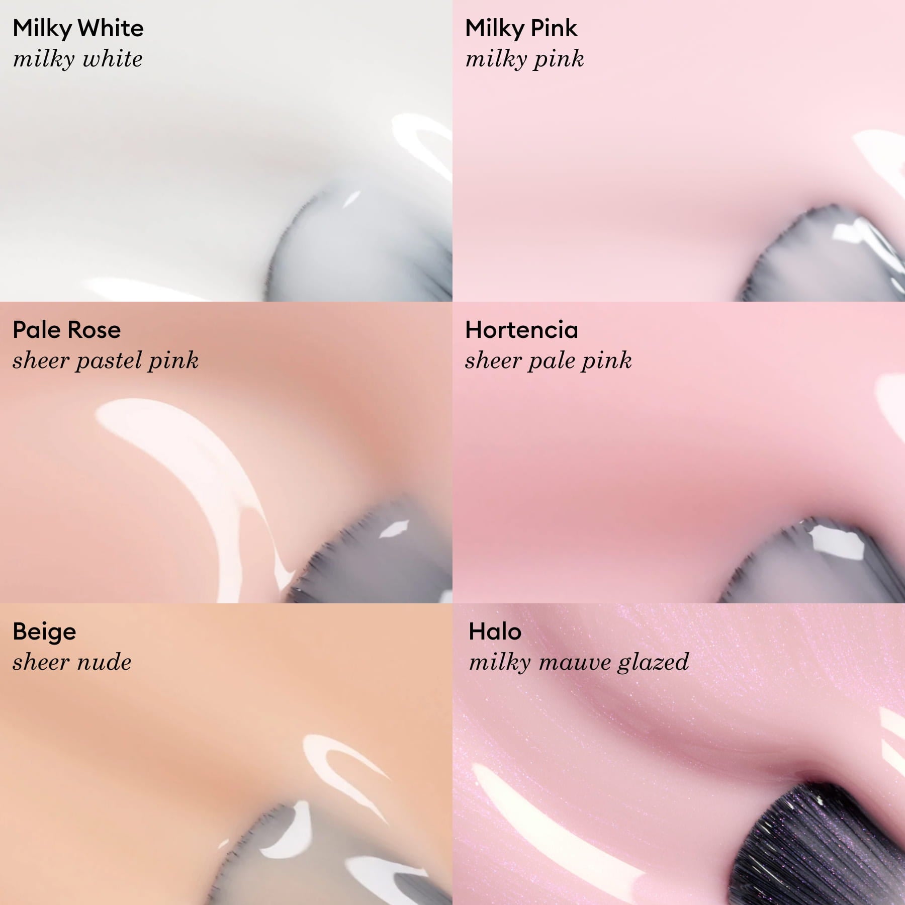 Six close-up nail polish swatches labeled Milky White, Milky Pink, Pale Rose, Hortencia, Beige, and Halo display subtle variations in sheer white, pink, nude, rose, and mauve tones—including Manucurist’s Milky Peach nail polish for a softly elegant and modern take on classic neutrals.