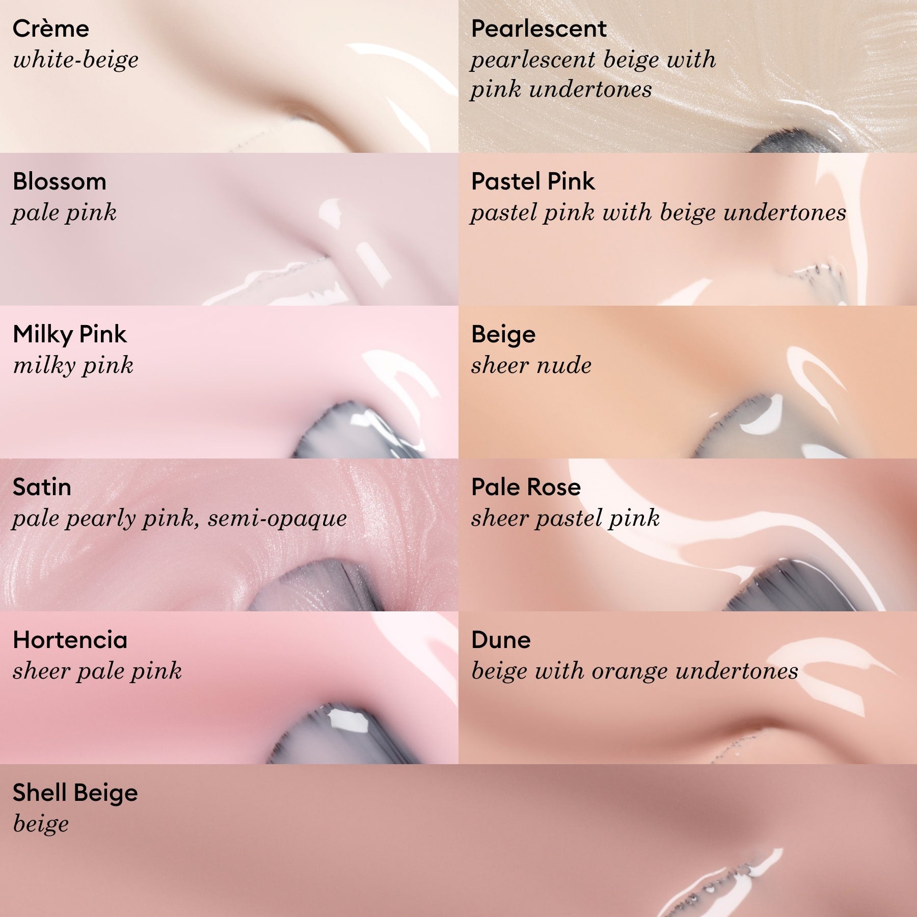 A chart displays ten nail polish shades, including Shell Beige by Manucurist, with swatches and descriptions of beige, pink, and nude tones like Pastel Pink, Crème, Pearlescent, Dune, Coffee and Cream, Satin, Pale Rose, Blossom, and Hortencia.