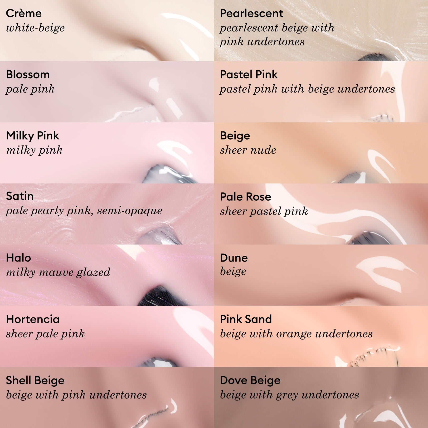 A chart displays ten nail polish shades, including Shell Beige by Manucurist, with swatches and descriptions of beige, pink, and nude tones like Pastel Pink, Crème, Pearlescent, Dune, Coffee and Cream, Satin, Pale Rose, Blossom, and Hortencia.