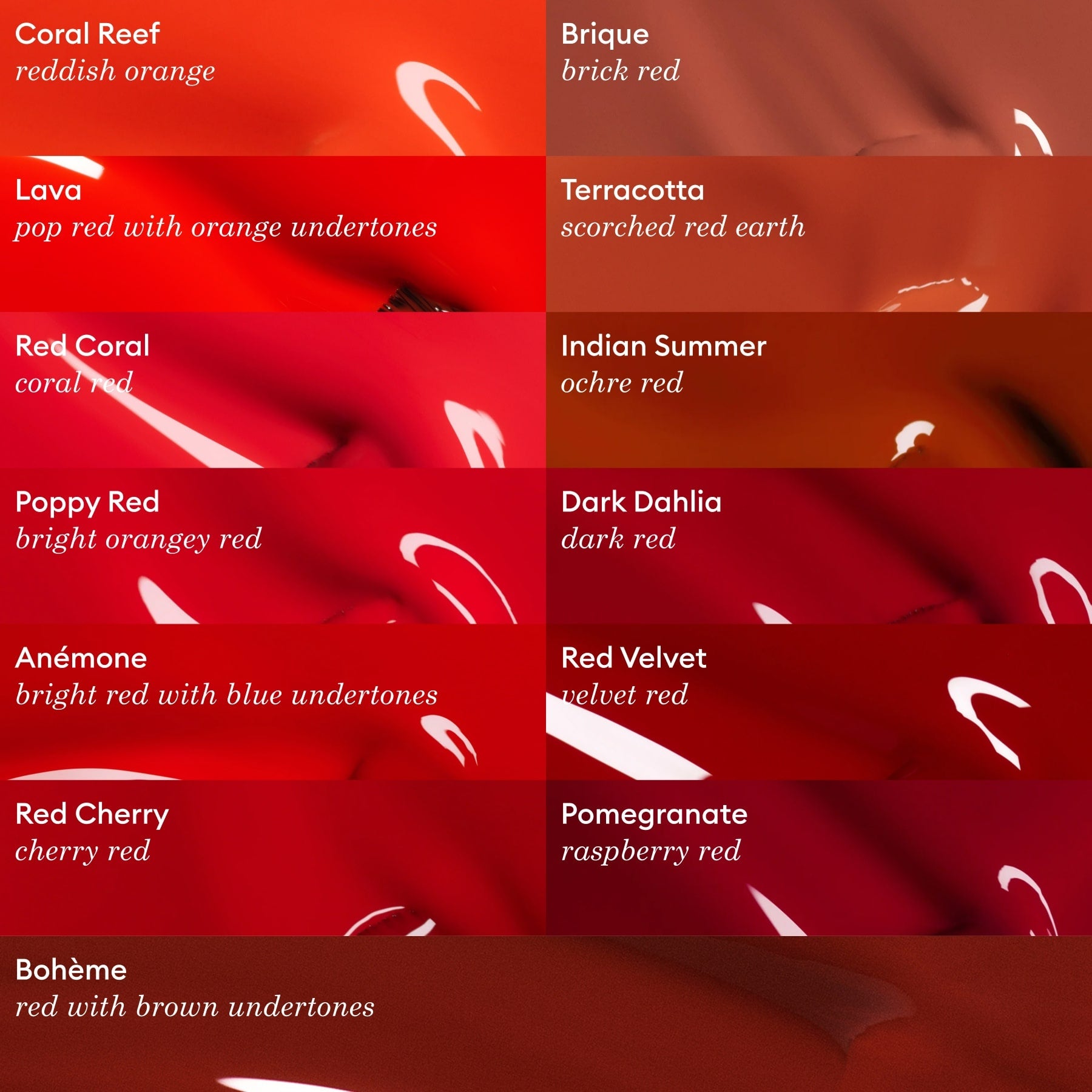 The Manucurist Coral Reef color chart features twelve red and orange lipstick shades, including coral and orange-red tones, each labeled with its name and description, from bright red to deep brown, in a glossy gel polish-inspired finish.
