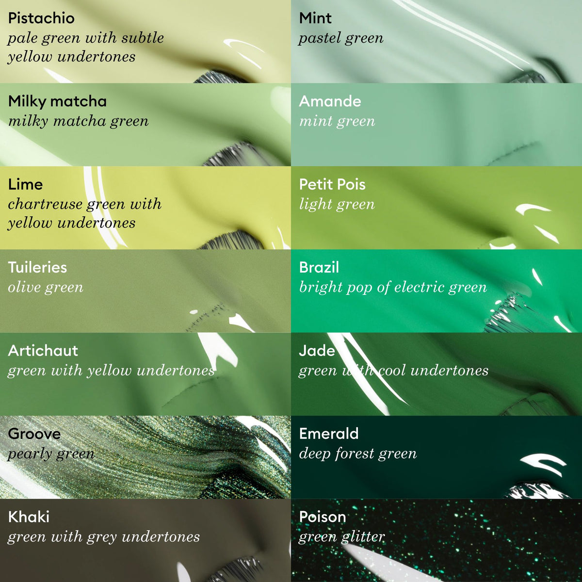 Swatches of green nail polish shades from pale pistachio and mint to dark khaki and glittery green are displayed on polished nails with glossy finishes. Explore creamy nuances and botanical notes throughout the collection—featuring Milky Matcha by Manucurist, a delicate milky matcha green gel polish that delivers a soft yet vibrant look.