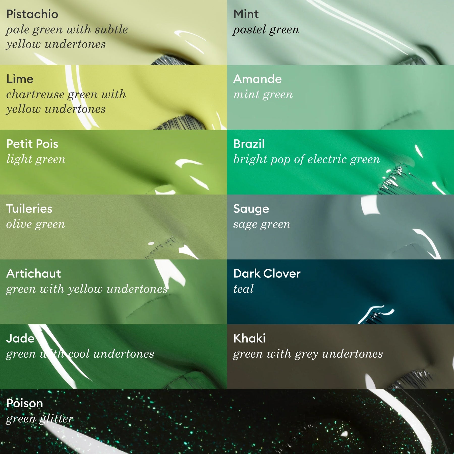 A chart shows 12 Manucurist green nail polish swatches—Pistachio, Lime, Petit Pois, Tuileries, Artichaut, Jade, Poison, Mint, Amande, Brazil, Sauge, Dark Clover—with Khaki featuring unique grey undertones.