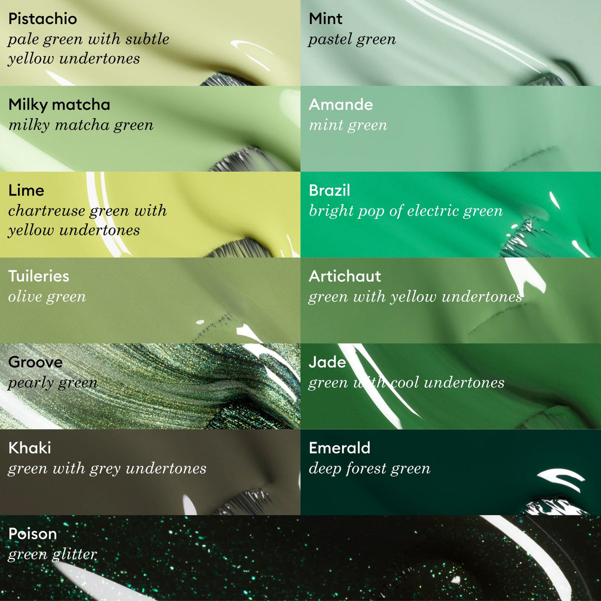 A chart shows 12 Manucurist green nail polish swatches—Pistachio, Lime, Petit Pois, Tuileries, Artichaut, Jade, Poison, Mint, Amande, Brazil, Sauge, Dark Clover—with Khaki featuring unique grey undertones.