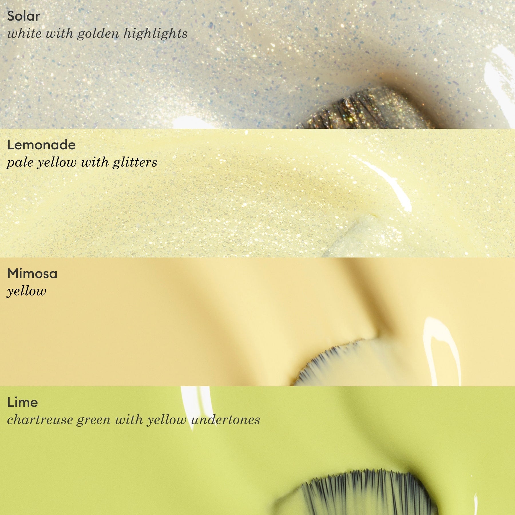 Four close-up swatches of Manucurist nail polish: white with golden highlights (Solar), pastel yellow gel with glitter (Lemonade), solid yellow Mimosa, and chartreuse green with yellow undertones (Lime Green Flash gel); each shows the brush.