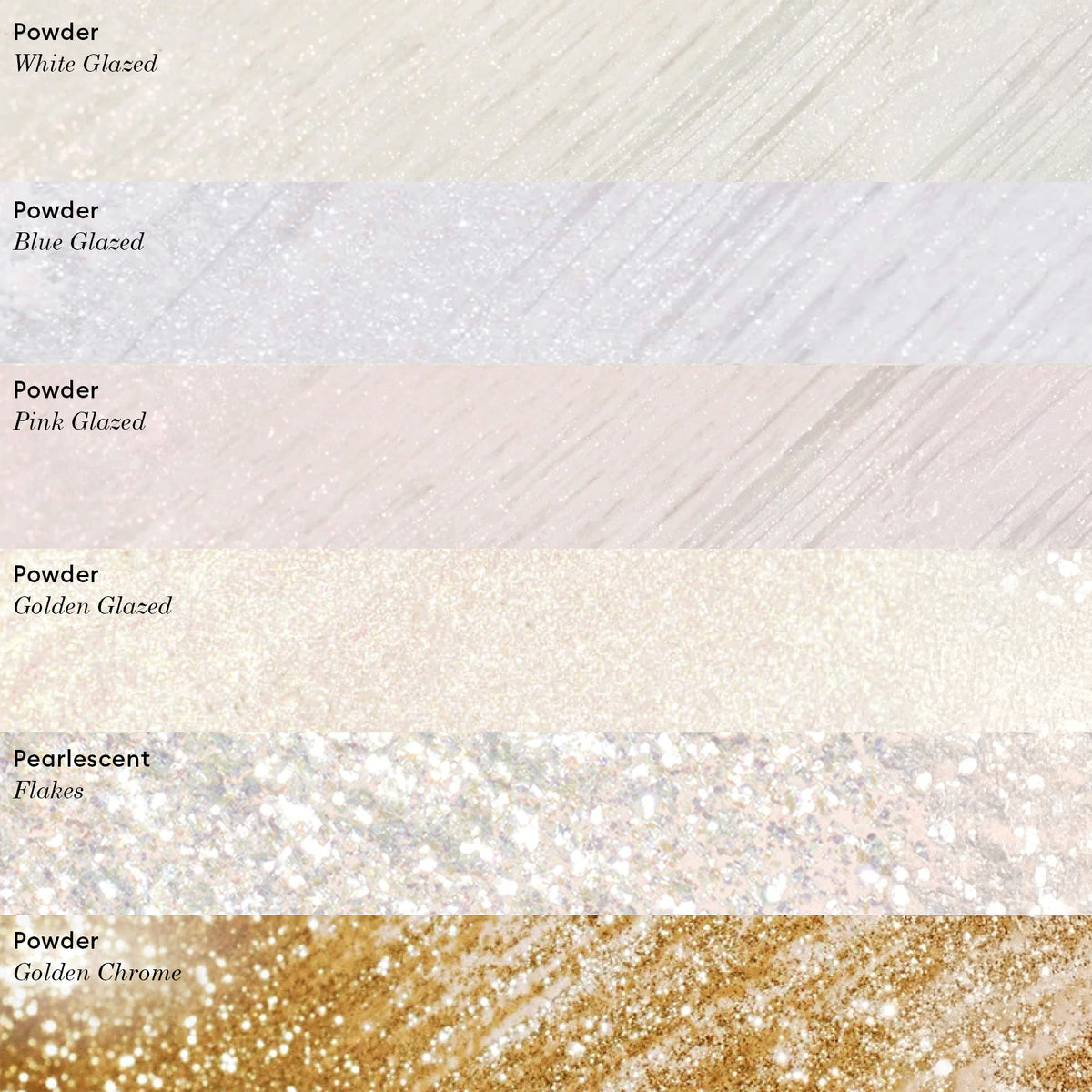 Un nuancier présente six finis scintillants pour manucure, notamment Blue Glazed Powder de Manucurist, ainsi que White Glazed, Pearly Blue Shimmer, Pink Glazed, Golden Glazed et Pearlescent Flakes sous forme d&